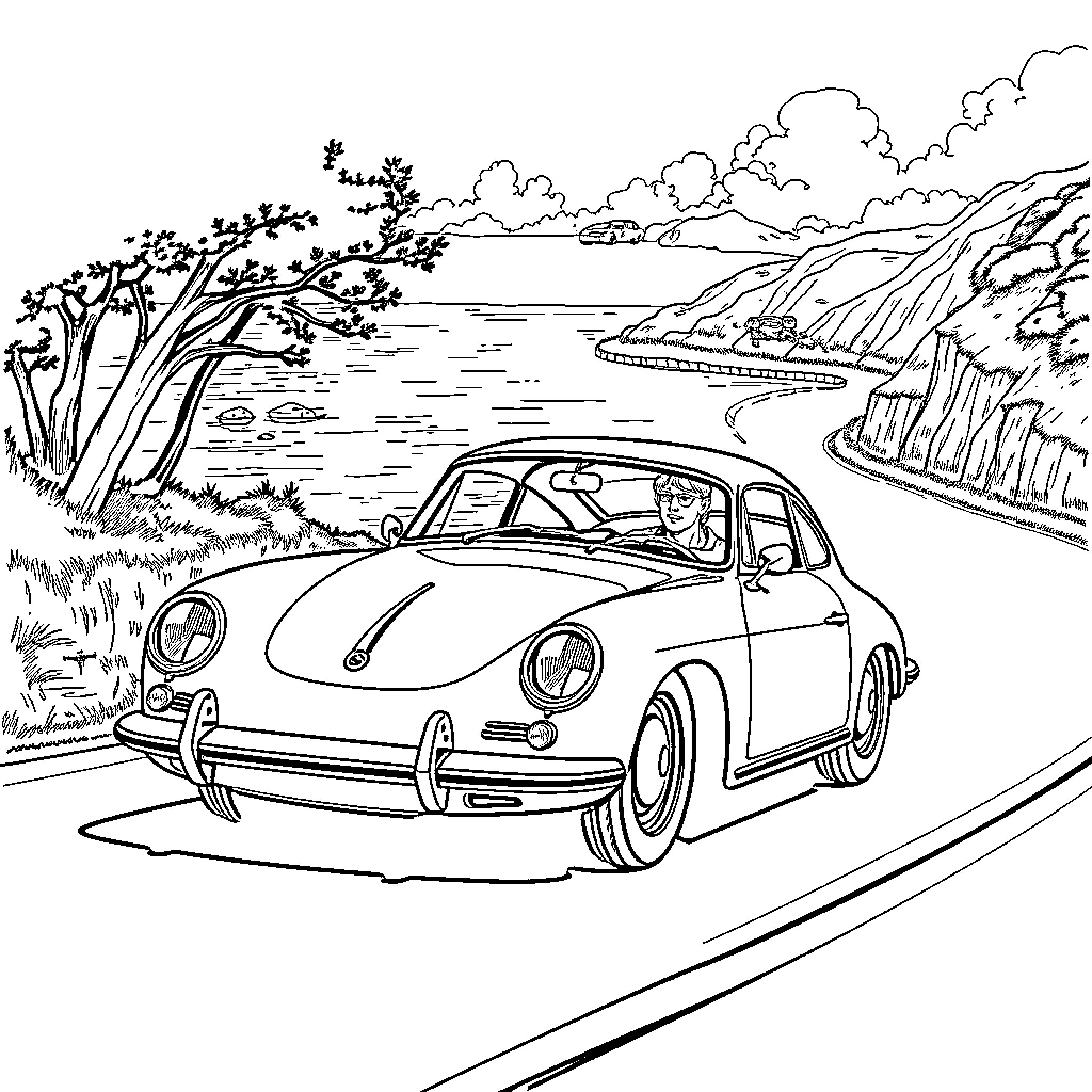 James Bond driving classic sports car in scenic countryside Coloring Page (free black-and-white line drawing printable PDF for all, from beginners to advanced learners, including children, teens, adults, and seniors)
