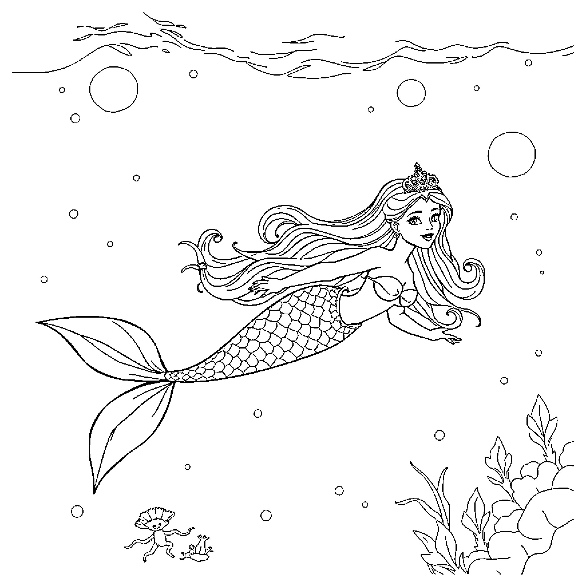 Mermaid swimming gracefully in the underwater world Coloring Page (free black-and-white line drawing printable PDF for all, from beginners to advanced learners, including children, teens, adults, and seniors)