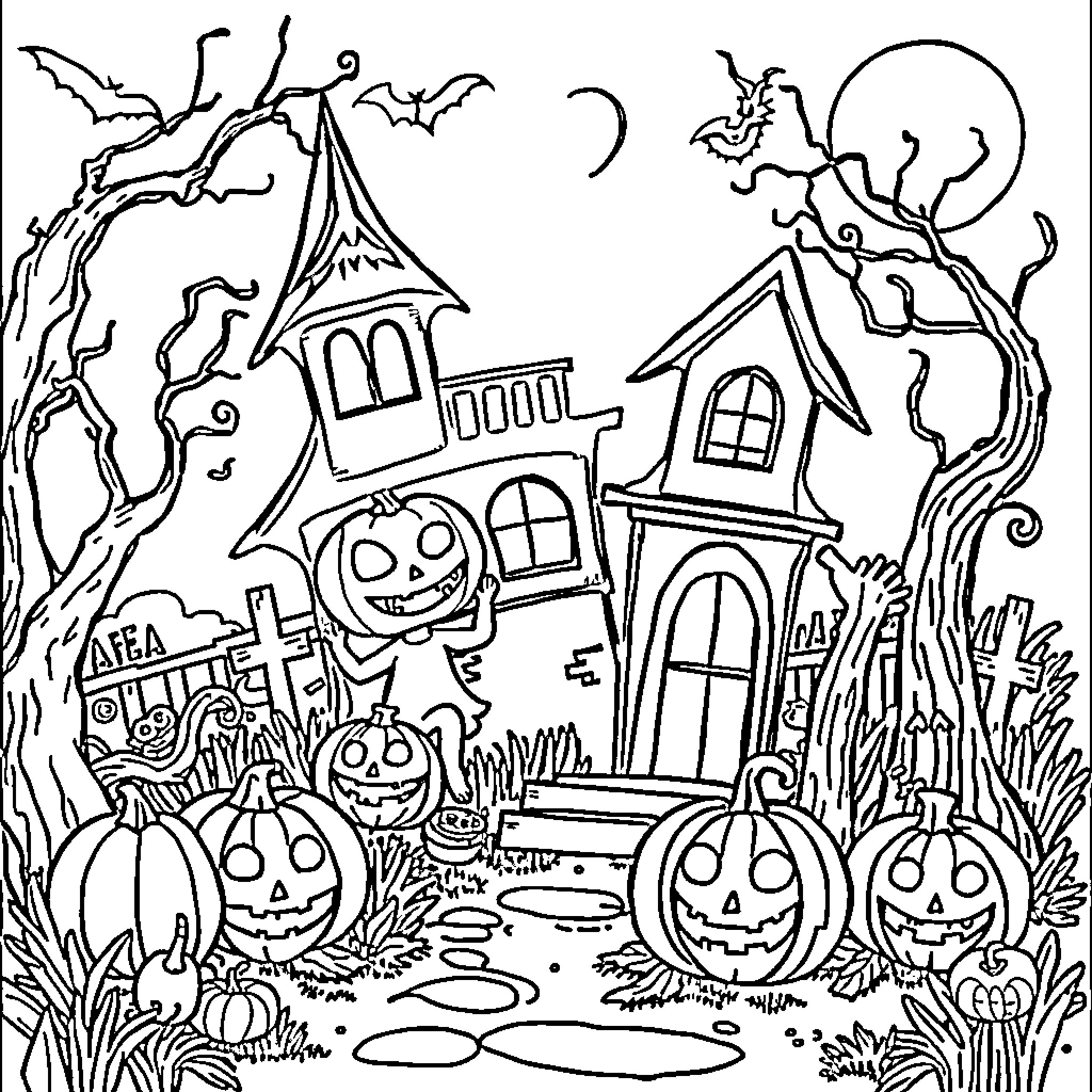 Halloween scene with haunted house and jack-o'-lanterns Coloring Page (free black-and-white line drawing printable PDF for all, from beginners to advanced learners, including children, teens, adults, and seniors)