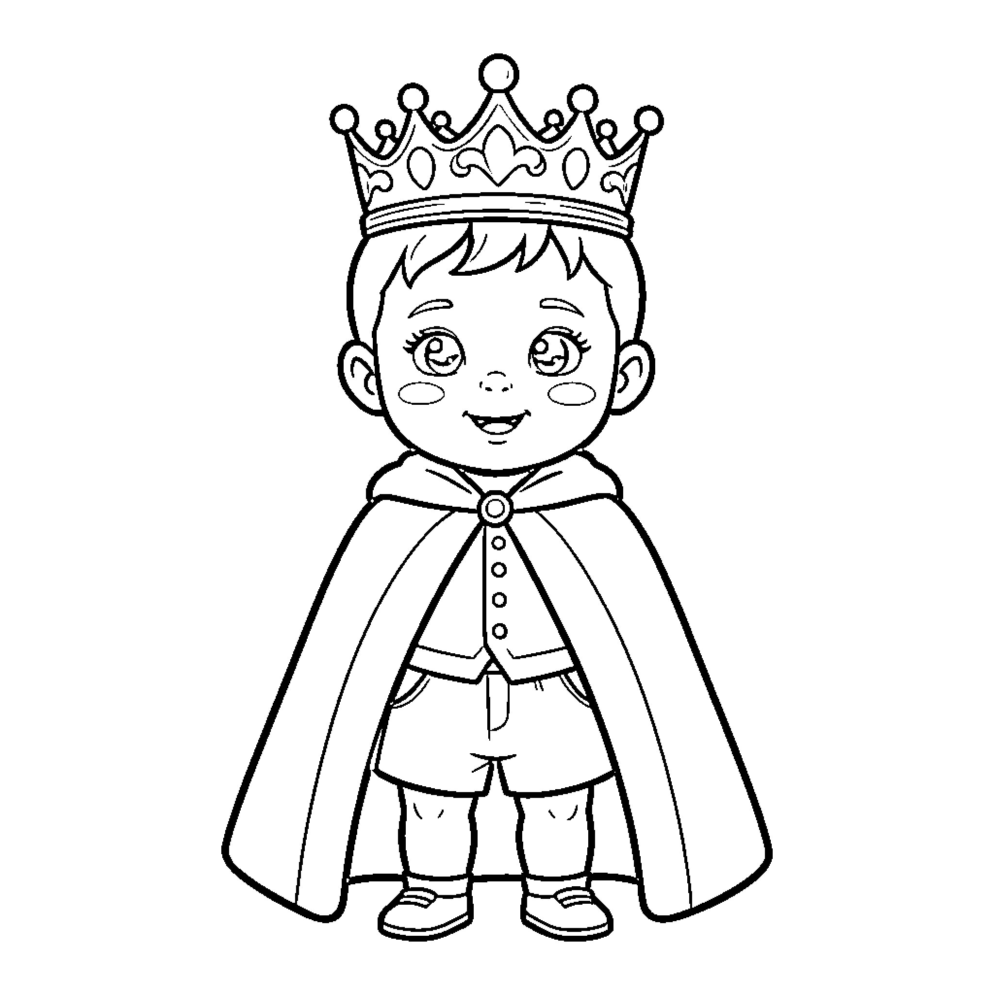 Prince in Regal Attire and Crown Coloring Page (free black-and-white line drawing printable PDF for all, from beginners to advanced learners, including children, teens, adults, and seniors)