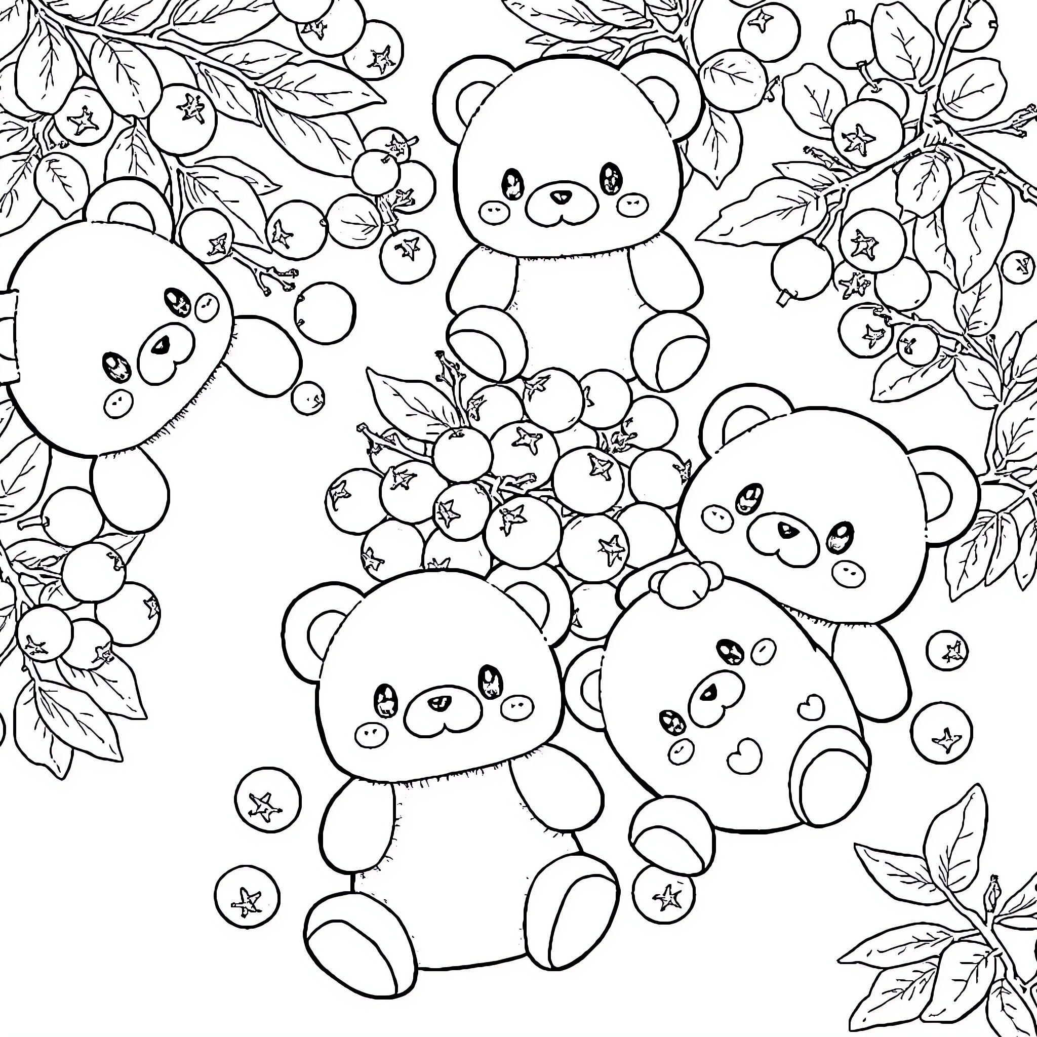 Plushie bears playing among fruity leaves and berries Coloring Page (free black-and-white line drawing printable PDF for all, from beginners to advanced learners, including children, teens, adults, and seniors)