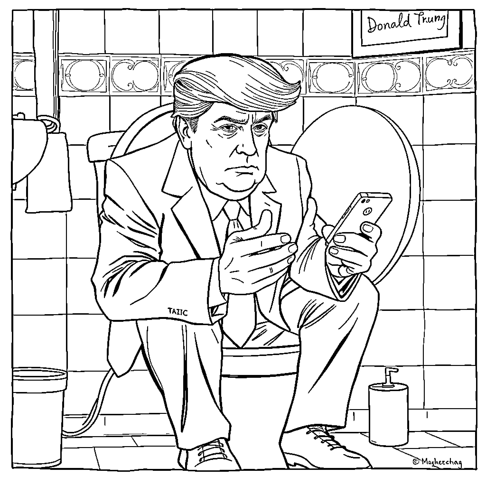 Trump looking thoughtful while using a smartphone Coloring Page (free black-and-white line drawing printable PDF for all, from beginners to advanced learners, including children, teens, adults, and seniors)