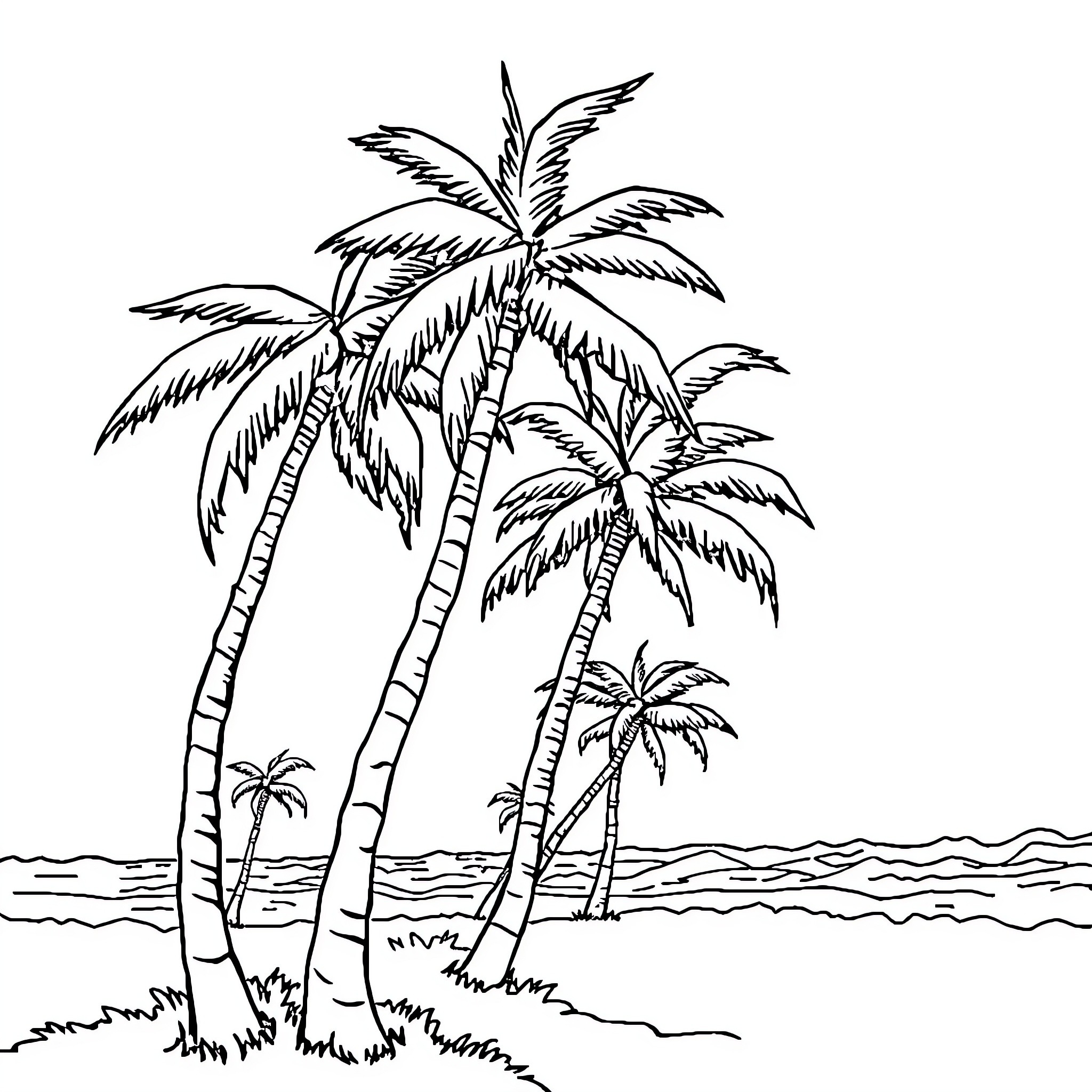 Palm Tree Silhouettes at Tropical Beach Coloring Page (free black-and-white line drawing printable PDF for all, from beginners to advanced learners, including children, teens, adults, and seniors)