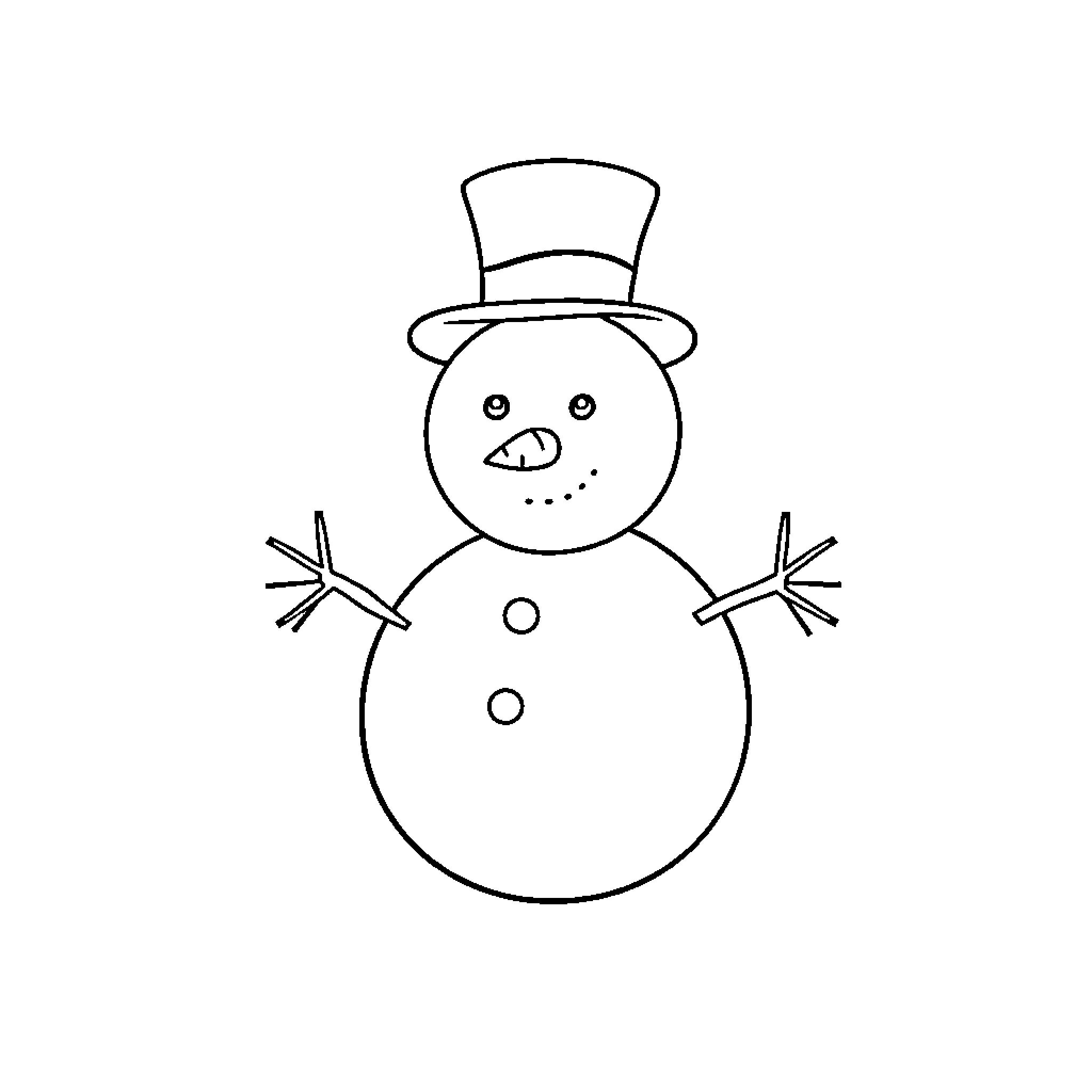 Snowman wearing top hat and smiling Coloring Page (free black-and-white line drawing printable PDF for all, from beginners to advanced learners, including children, teens, adults, and seniors)