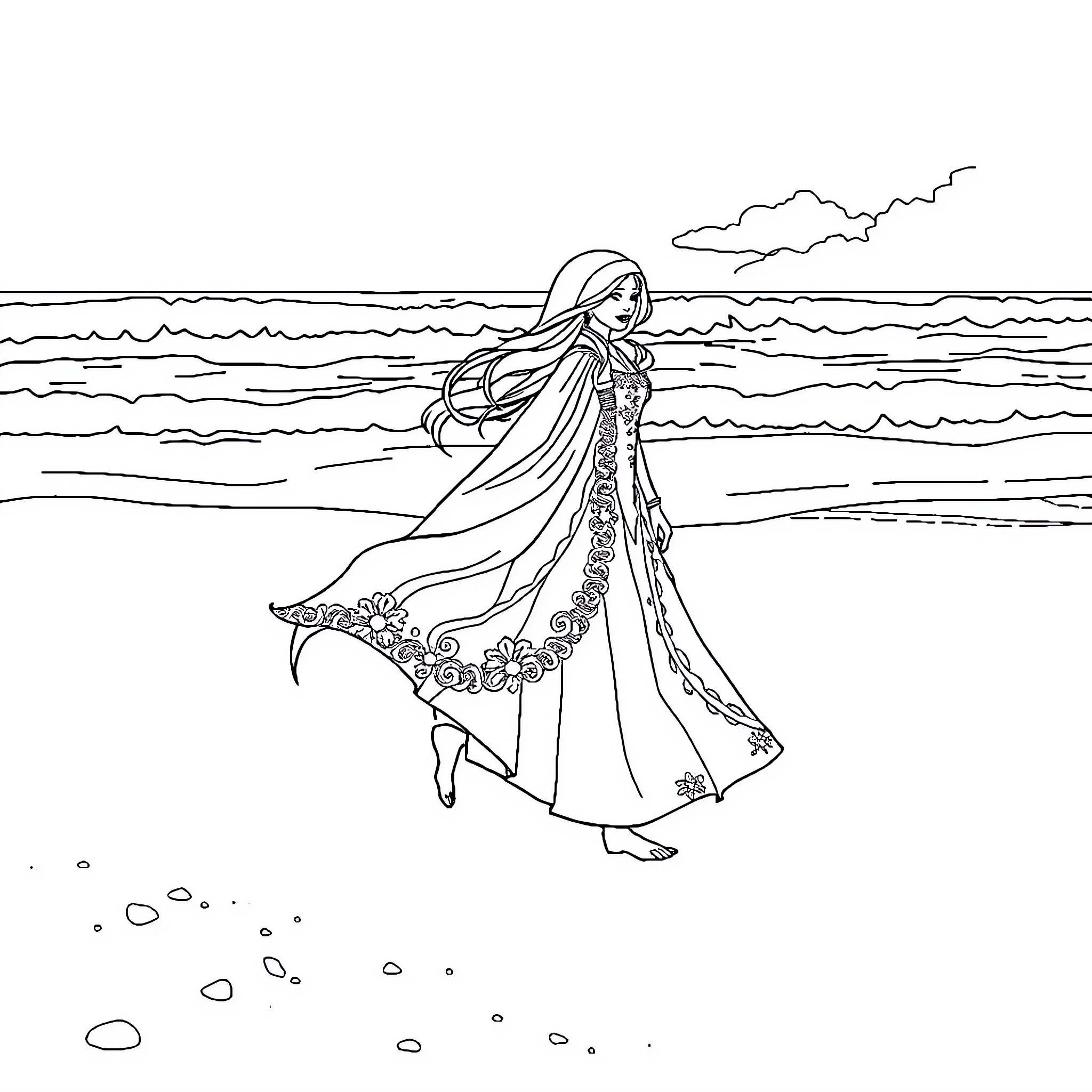 Snow Queen walking gracefully by the sea Coloring Page (free black-and-white line drawing printable PDF for all, from beginners to advanced learners, including children, teens, adults, and seniors)
