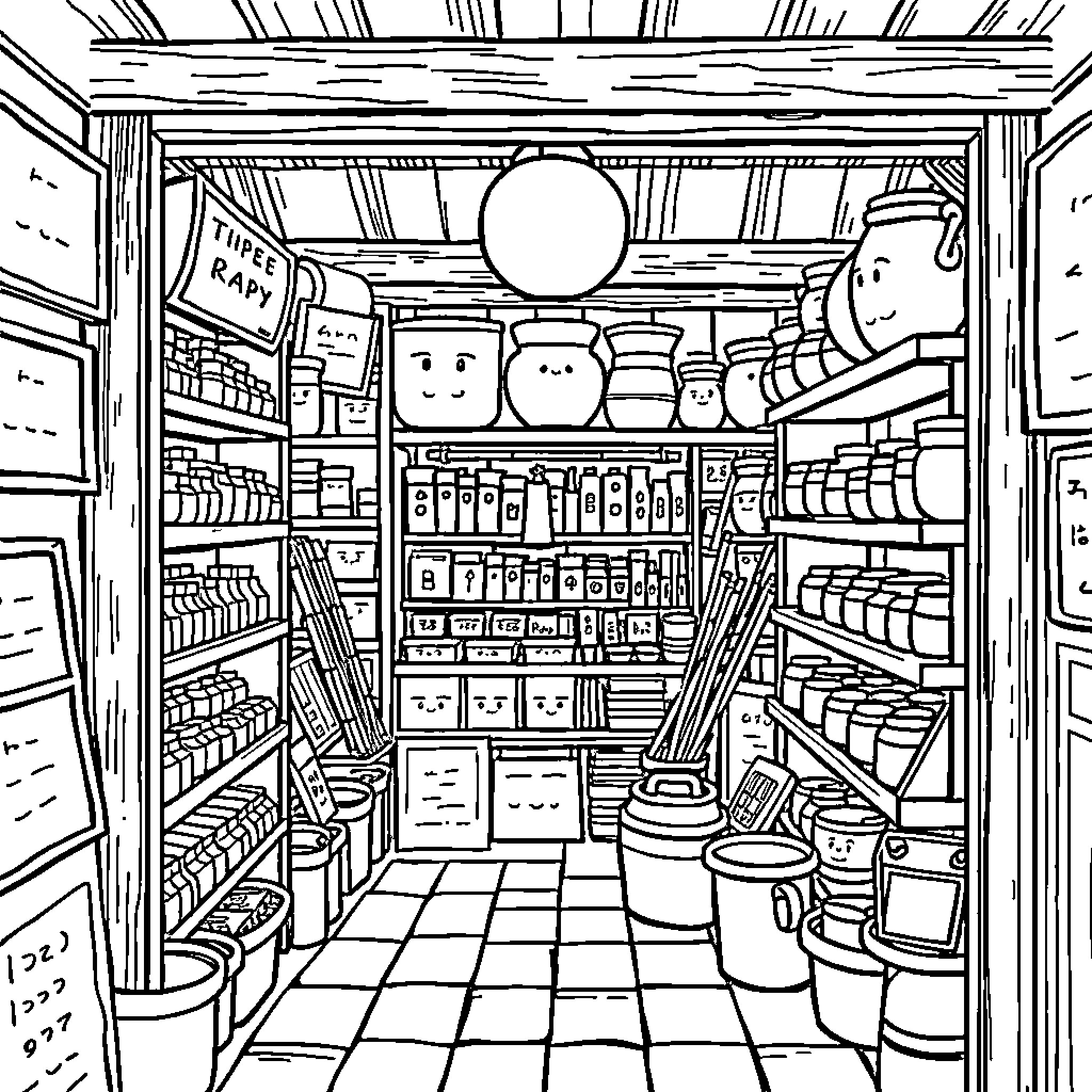 Shop interior with various products and displays Coloring Page (free black-and-white line drawing printable PDF for all, from beginners to advanced learners, including children, teens, adults, and seniors)