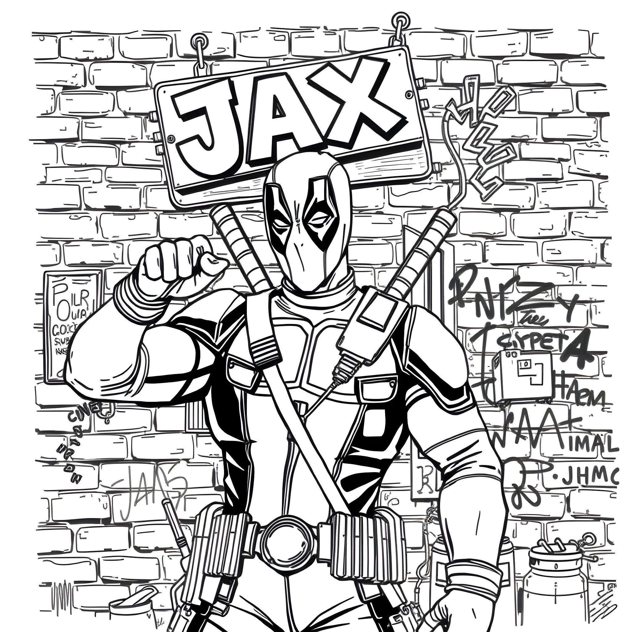 Deadpool in action against a graffiti-covered wall Coloring Page (free black-and-white line drawing printable PDF for all, from beginners to advanced learners, including children, teens, adults, and seniors)