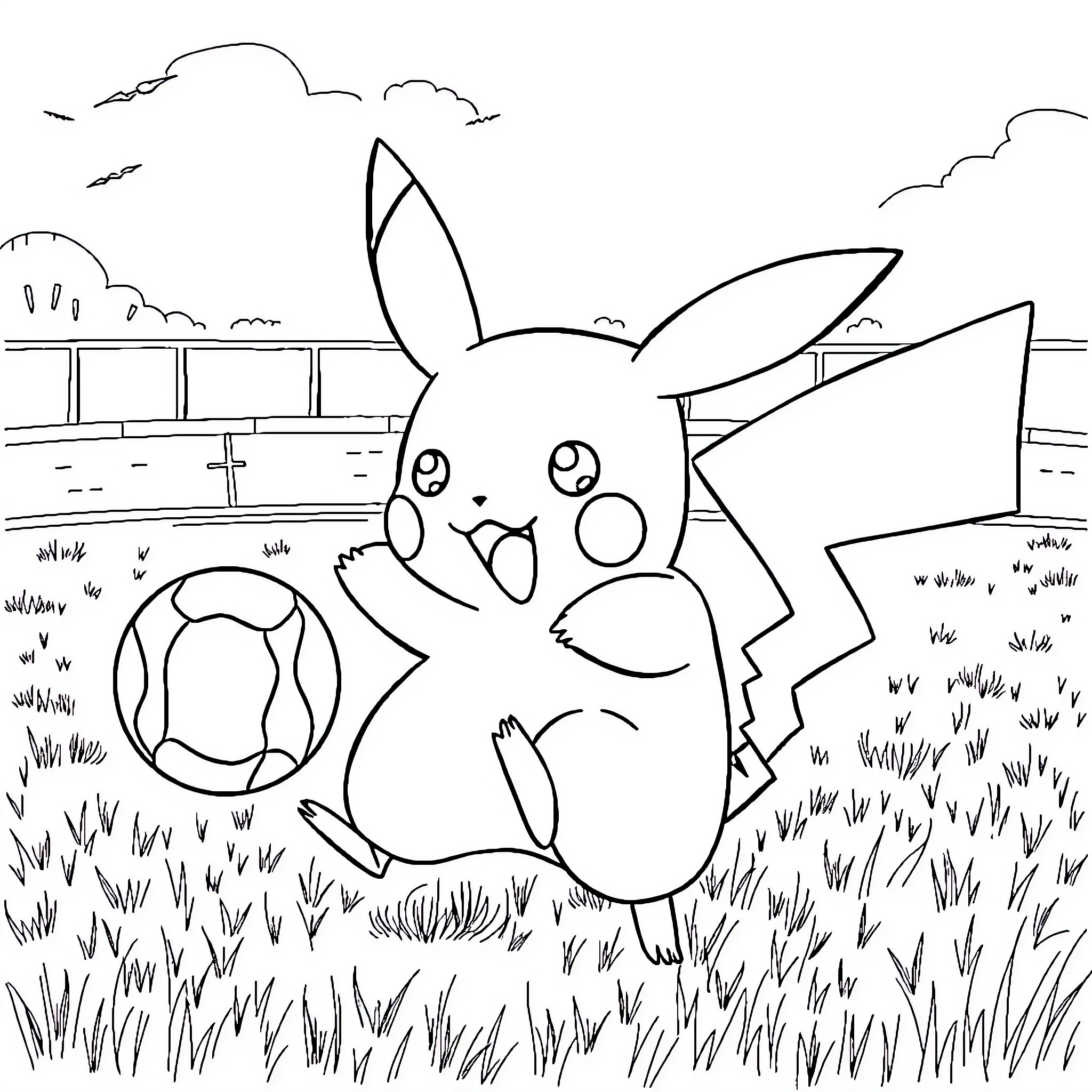 Pikachu playing with a ball in the field Coloring Page (free black-and-white line drawing printable PDF for all, from beginners to advanced learners, including children, teens, adults, and seniors)