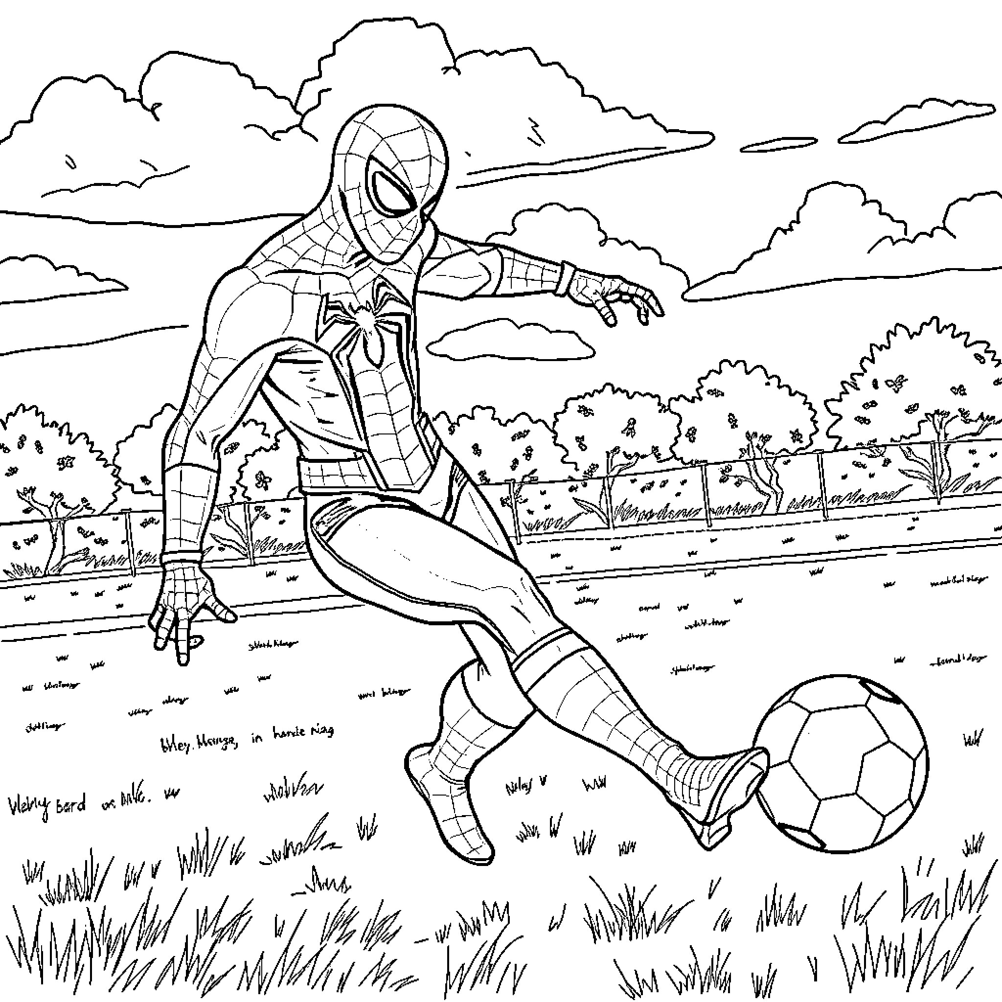 Spiderman playing soccer in the park Coloring Page (free black-and-white line drawing printable PDF for all, from beginners to advanced learners, including children, teens, adults, and seniors)