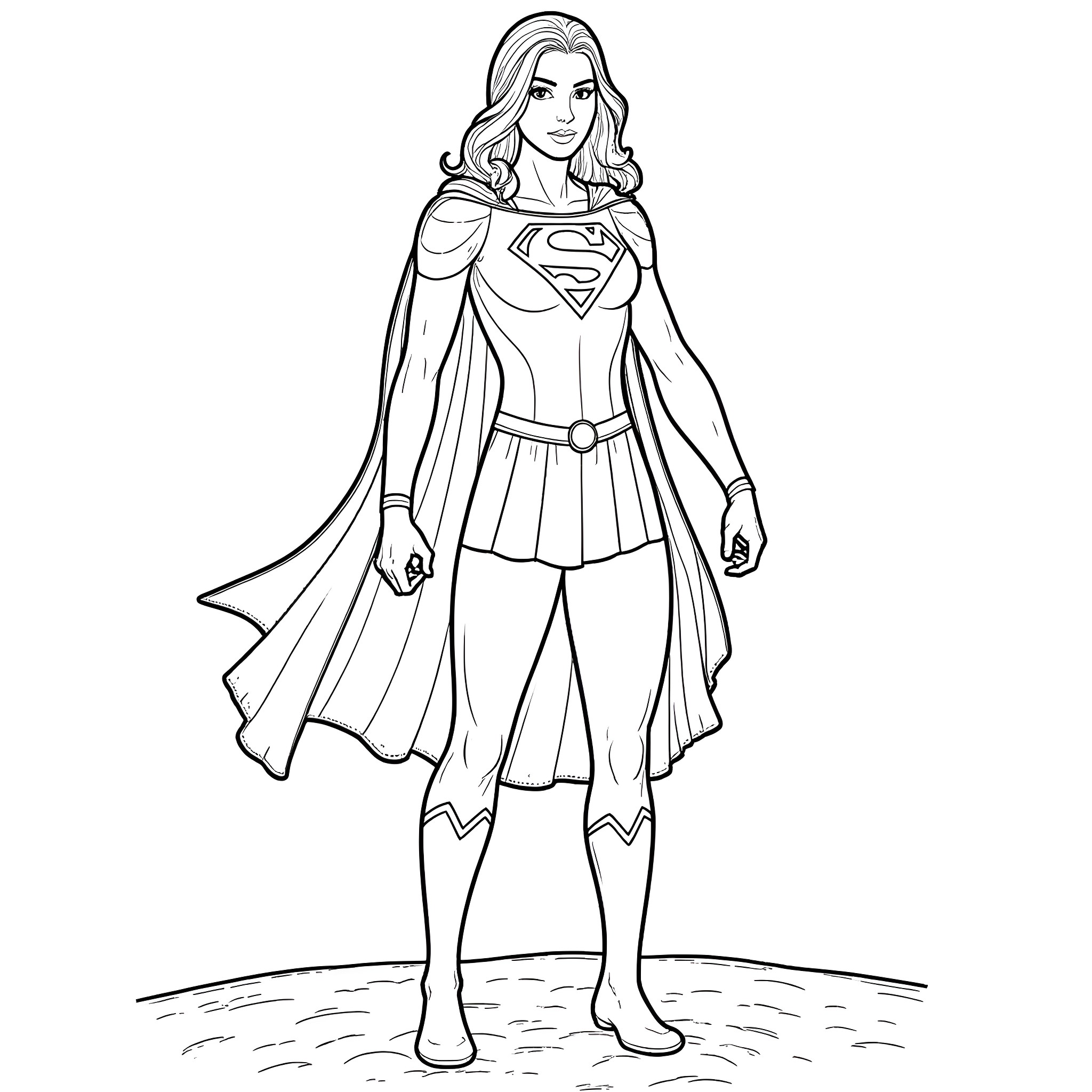 Supergirl standing tall in heroic pose Coloring Page (free black-and-white line drawing printable PDF for all, from beginners to advanced learners, including children, teens, adults, and seniors)