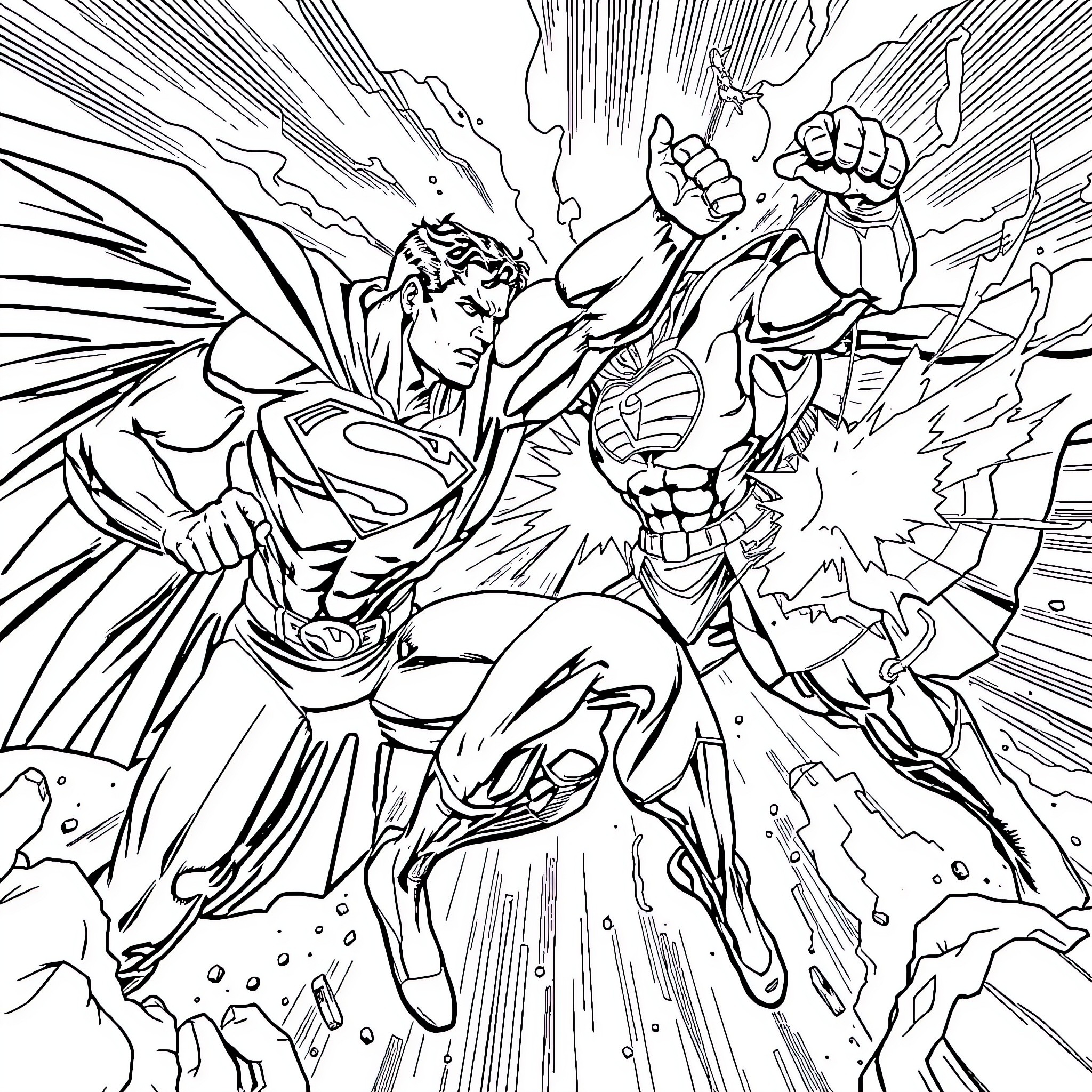 Superman fighting with a powerful foe in epic battle Coloring Page (free black-and-white line drawing printable PDF for all, from beginners to advanced learners, including children, teens, adults, and seniors)