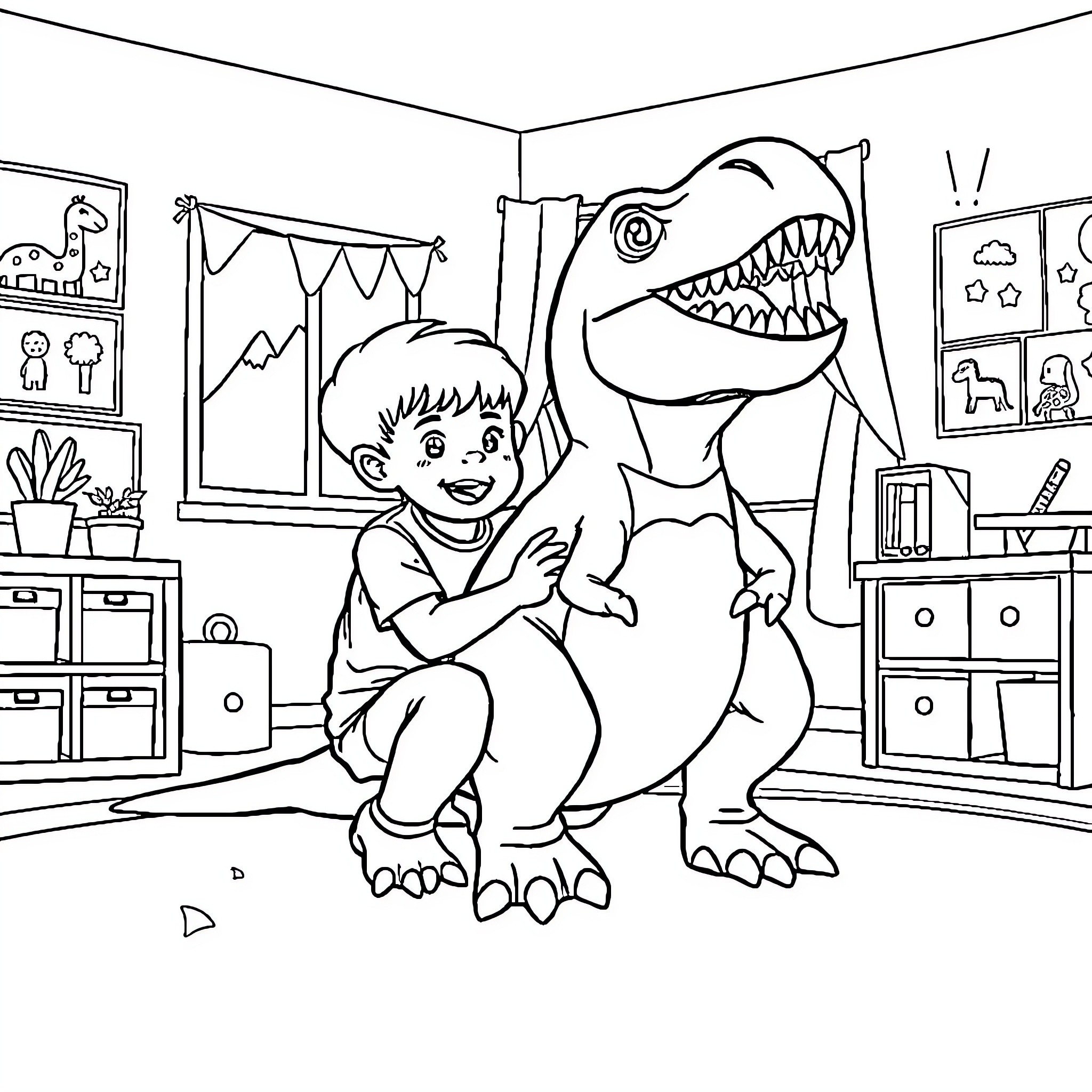Boy playing with a dinosaur in his room Coloring Page (free black-and-white line drawing printable PDF for all, from beginners to advanced learners, including children, teens, adults, and seniors)