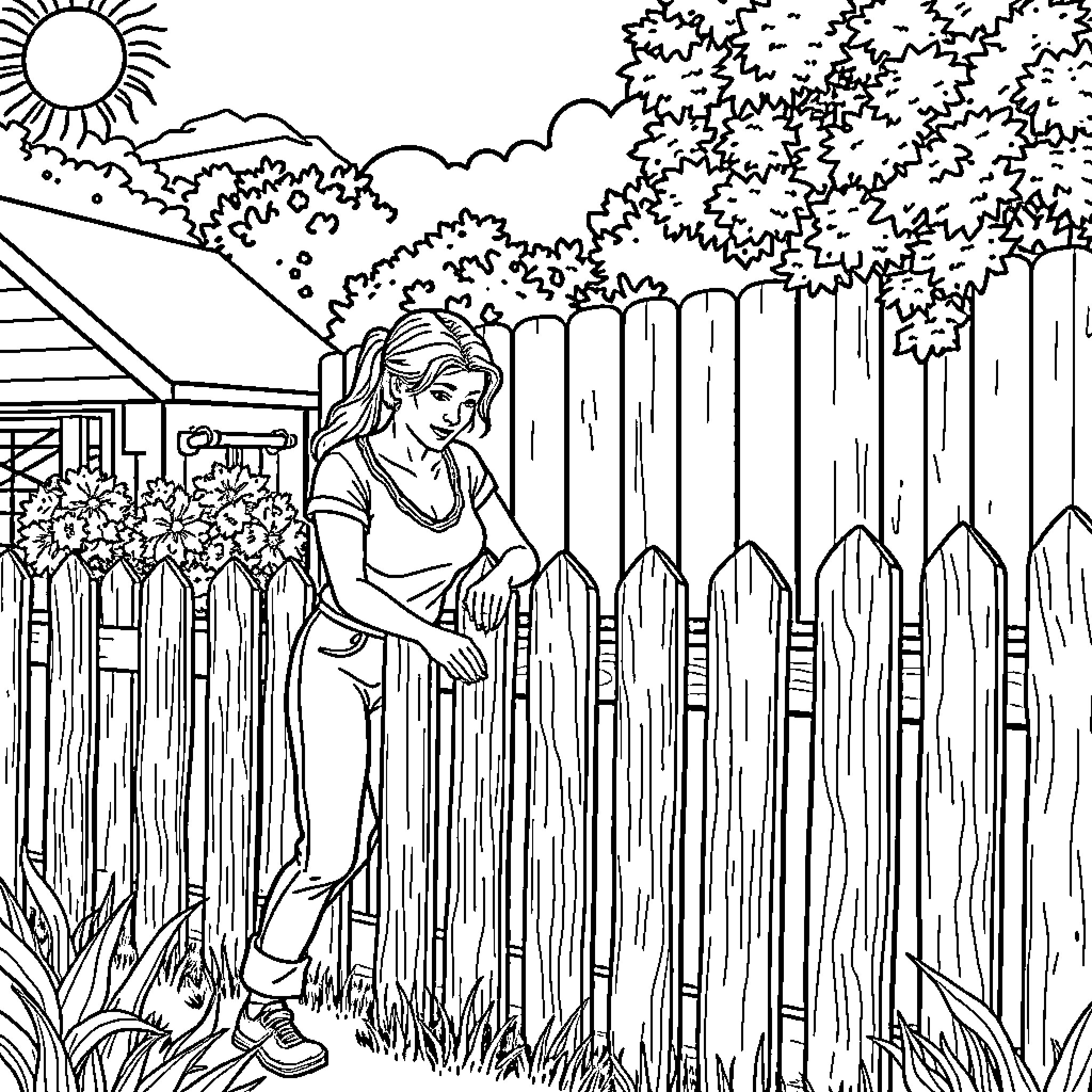 Woman working in the garden on a sunny day Coloring Page (free black-and-white line drawing printable PDF for all, from beginners to advanced learners, including children, teens, adults, and seniors)