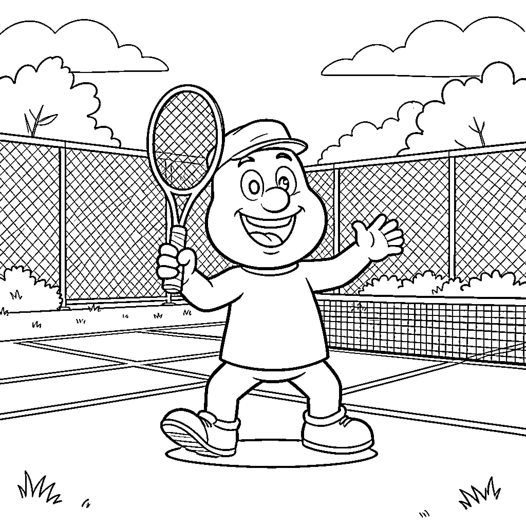 Pedro's Enthusiastic Tennis Game Coloring Page (free black-and-white line drawing printable PDF for all, from beginners to advanced learners, including children, teens, adults, and seniors)