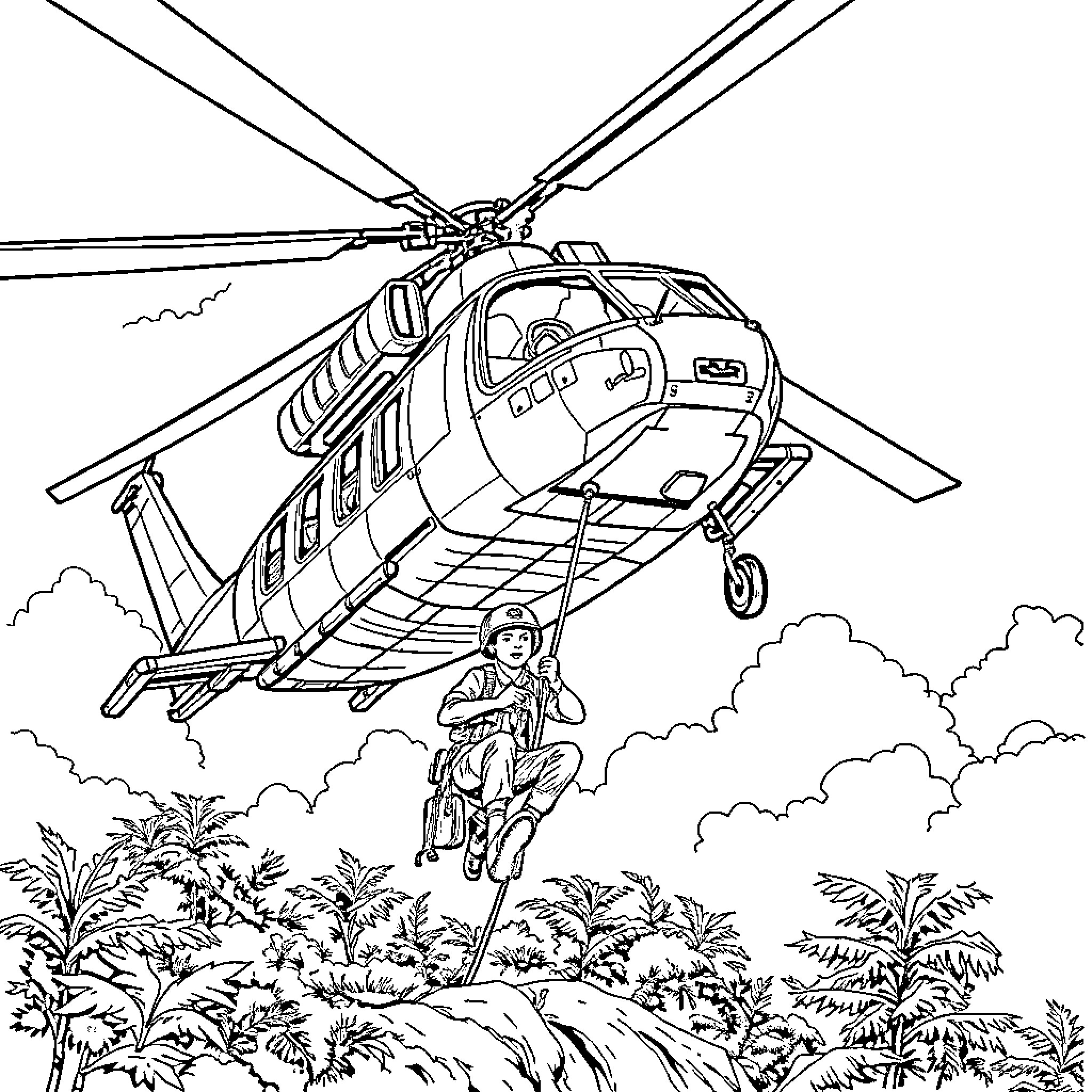 Helicopter rescuing person from jungle Coloring Page (free black-and-white line drawing printable PDF for all, from beginners to advanced learners, including children, teens, adults, and seniors)