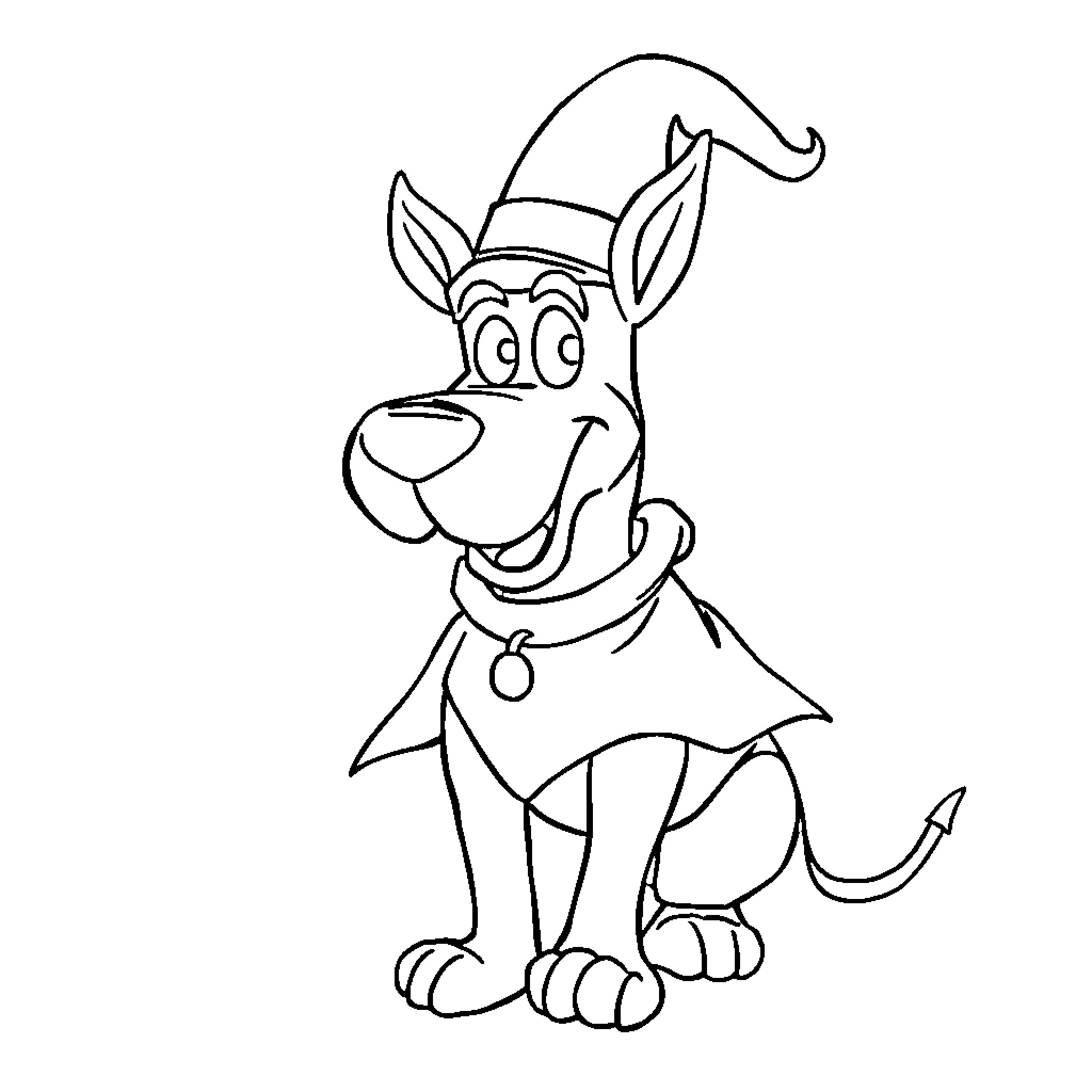 Scooby Doo in a Silly Costume Coloring Page (free black-and-white line drawing printable PDF for all, from beginners to advanced learners, including children, teens, adults, and seniors)