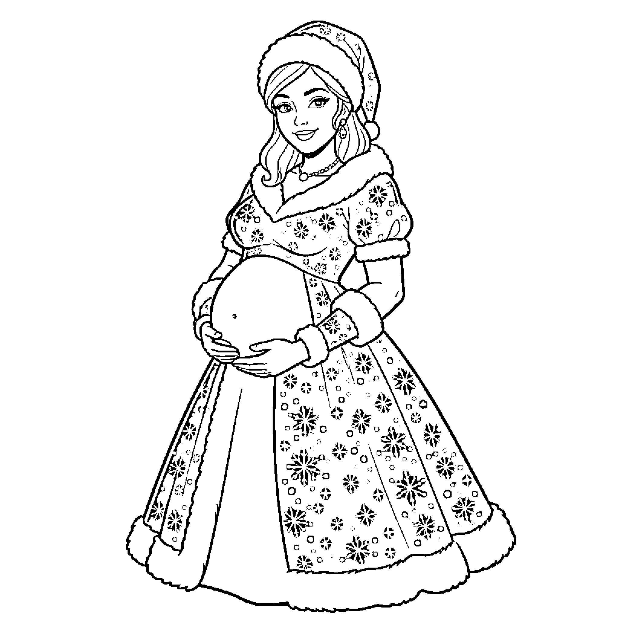 Mrs. Claus in Festive Winter Outfit Coloring Page (free black-and-white line drawing printable PDF for all, from beginners to advanced learners, including children, teens, adults, and seniors)