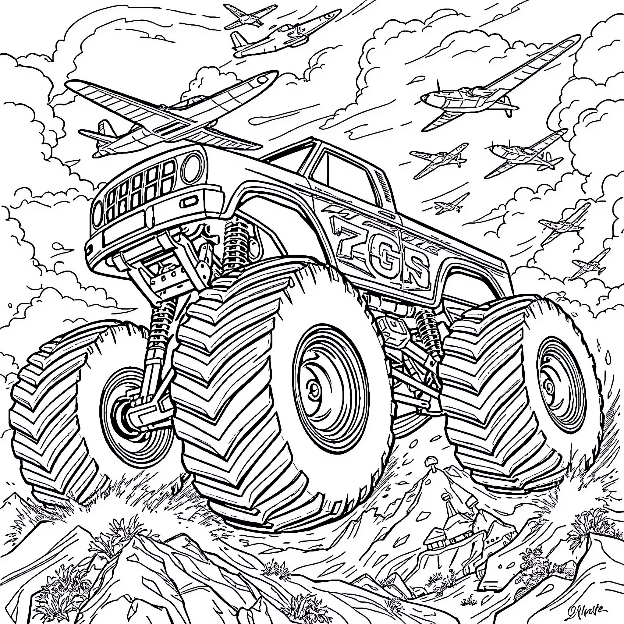 Monster Truck Crushing through the Clouds with Planes Coloring Page (free black-and-white line drawing printable PDF for all, from beginners to advanced learners, including children, teens, adults, and seniors)