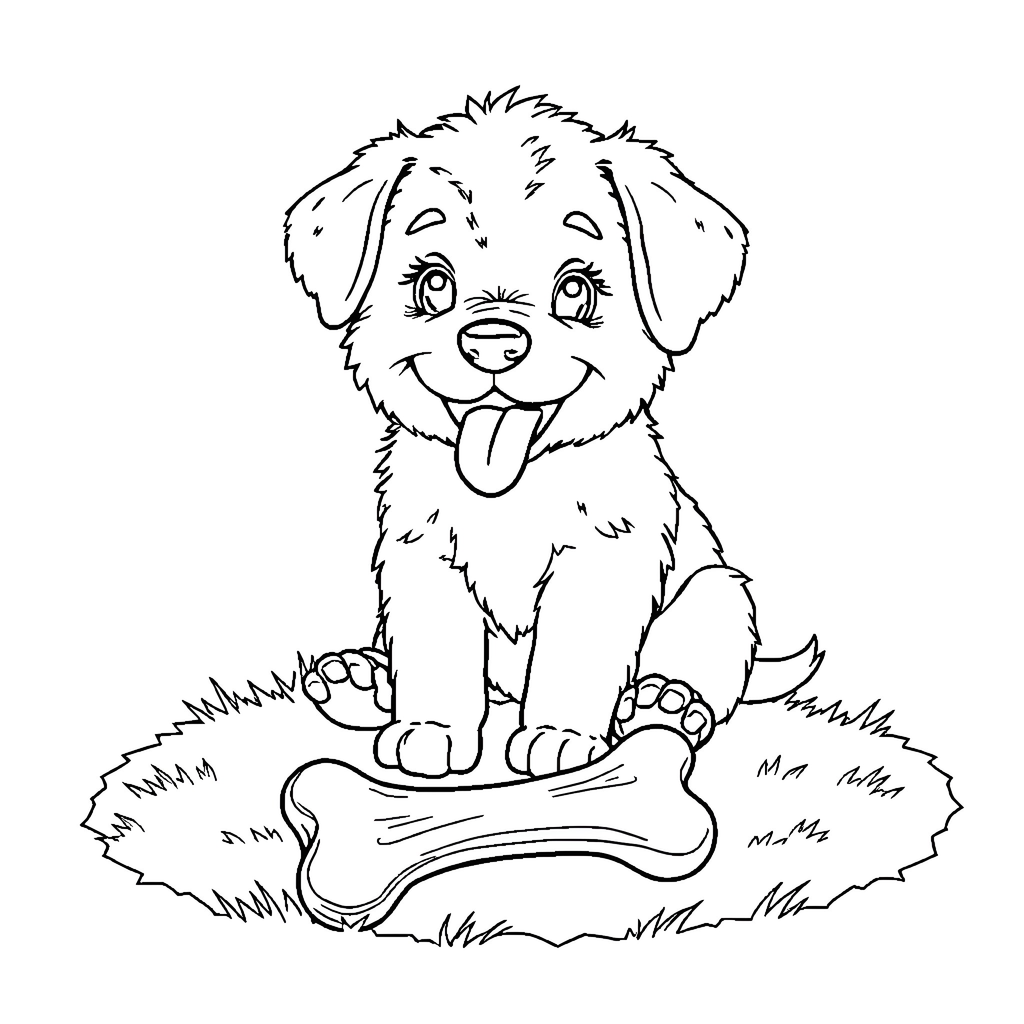 Puppy sitting next to chew toy on grass Coloring Page (free black-and-white line drawing printable PDF for all, from beginners to advanced learners, including children, teens, adults, and seniors)