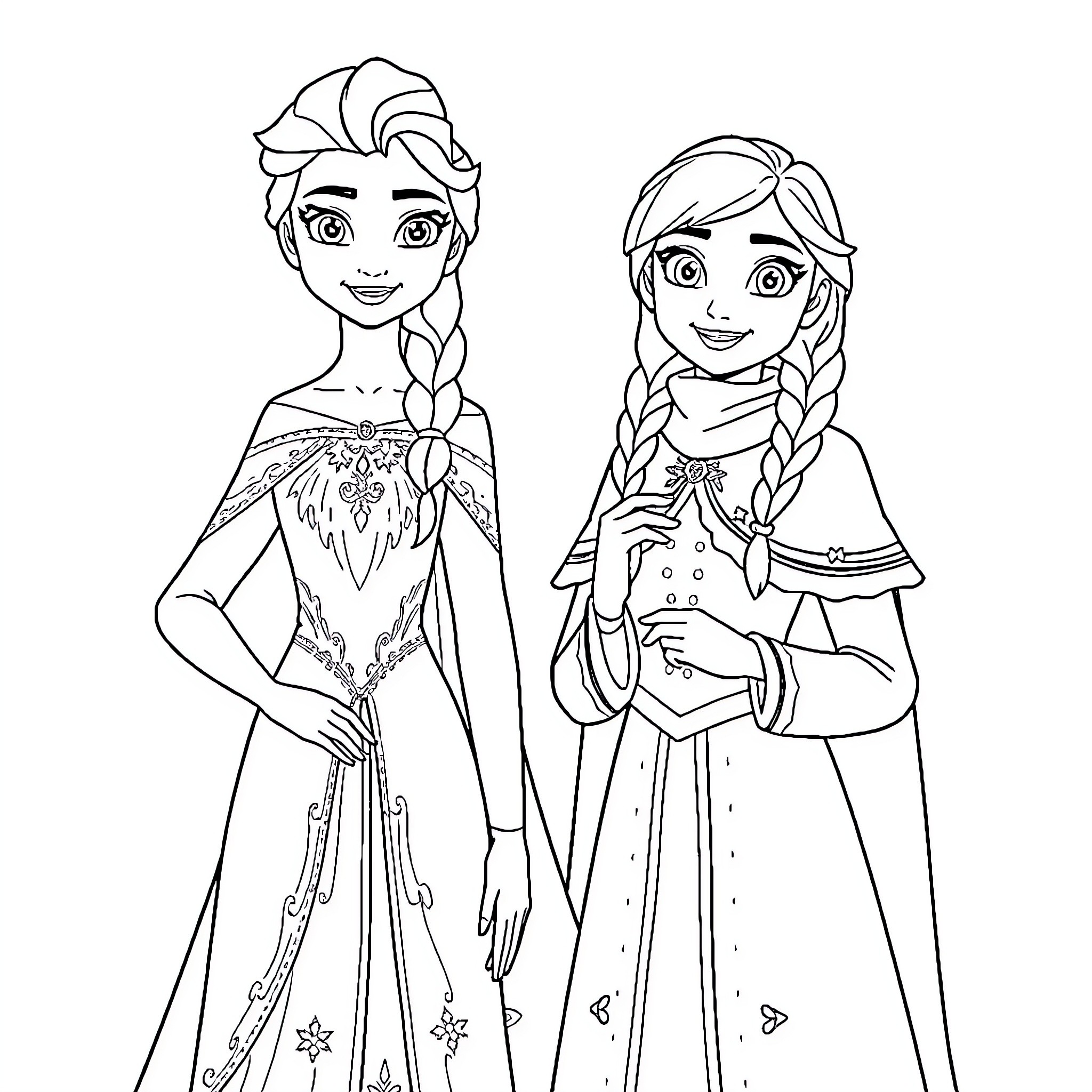 Elsa and Anna in Formal Dresses Coloring Page (free black-and-white line drawing printable PDF for all, from beginners to advanced learners, including children, teens, adults, and seniors)