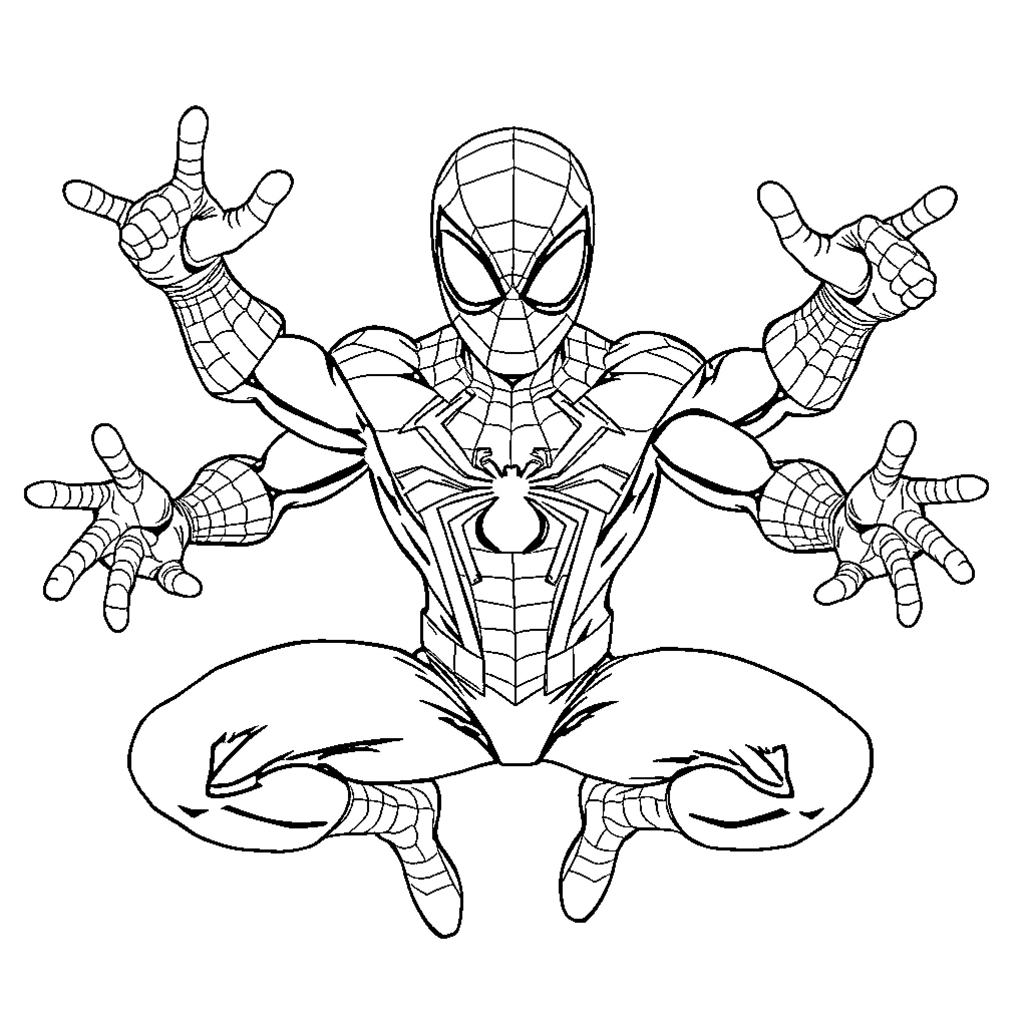 Spiderman in a powerful multi-armed action pose Coloring Page (free black-and-white line drawing printable PDF for all, from beginners to advanced learners, including children, teens, adults, and seniors)