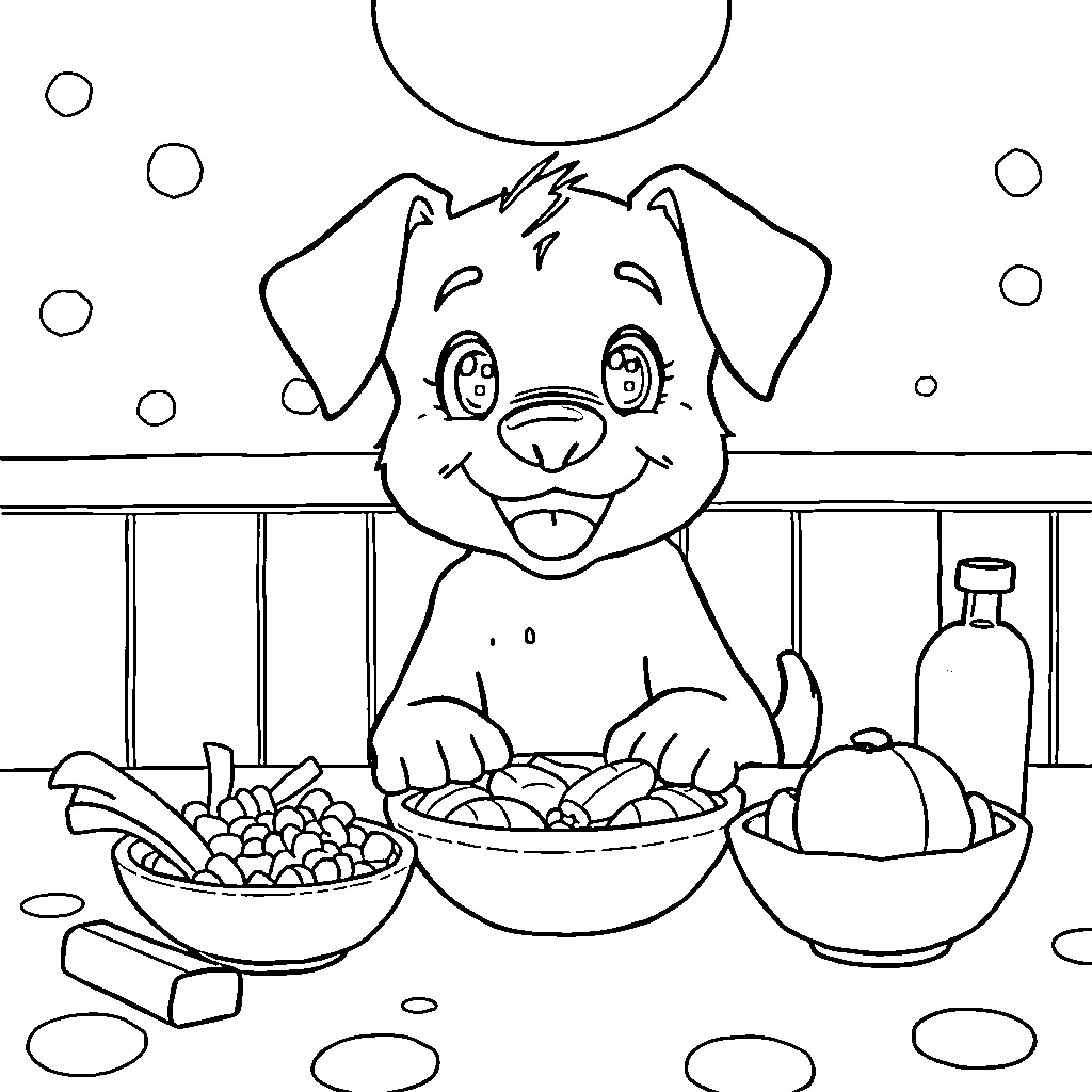 Bluey enjoying a hearty meal with family Coloring Page (free black-and-white line drawing printable PDF for all, from beginners to advanced learners, including children, teens, adults, and seniors)