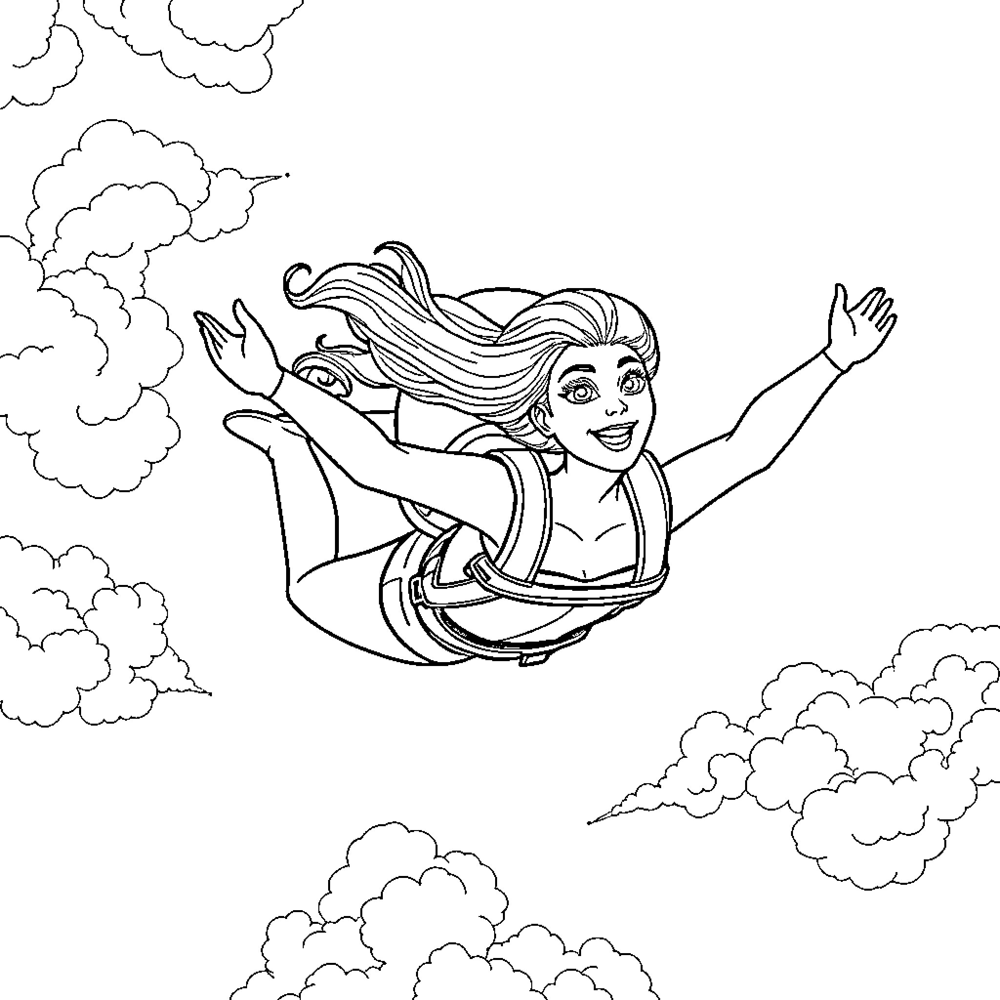 Barbie enjoying a magical flight through the clouds Coloring Page (free black-and-white line drawing printable PDF for all, from beginners to advanced learners, including children, teens, adults, and seniors)