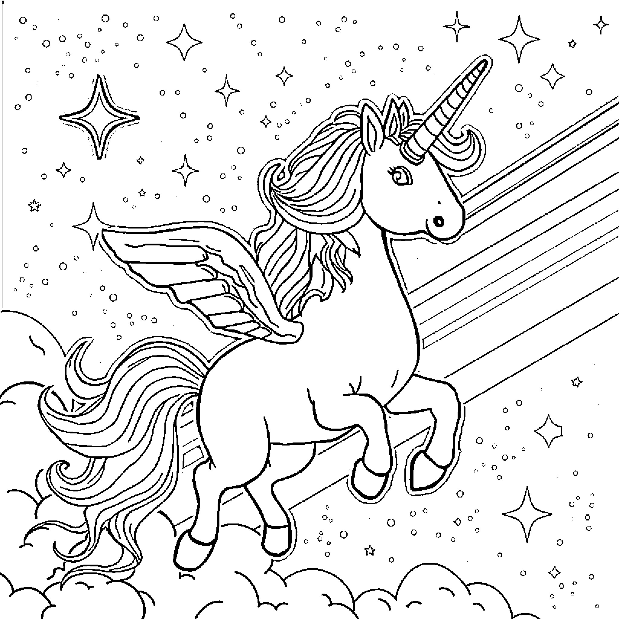 Unicorn soaring through the starry night sky Coloring Page (free black-and-white line drawing printable PDF for all, from beginners to advanced learners, including children, teens, adults, and seniors)