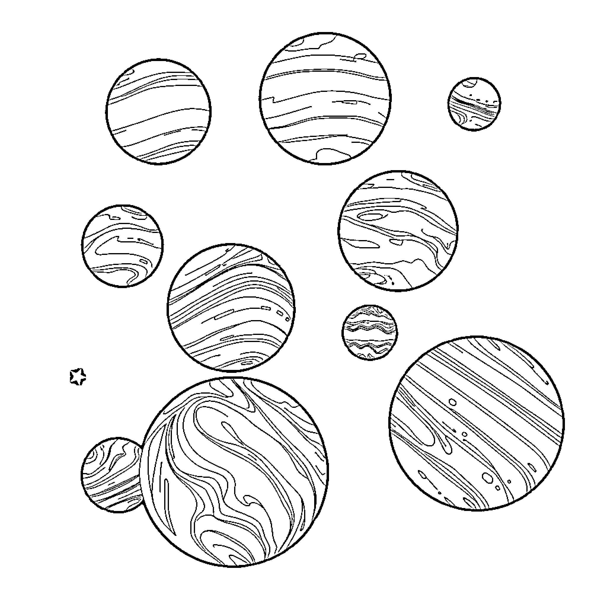 Planet Shapes with Swirling Patterns Coloring Page (free black-and-white line drawing printable PDF for all, from beginners to advanced learners, including children, teens, adults, and seniors)