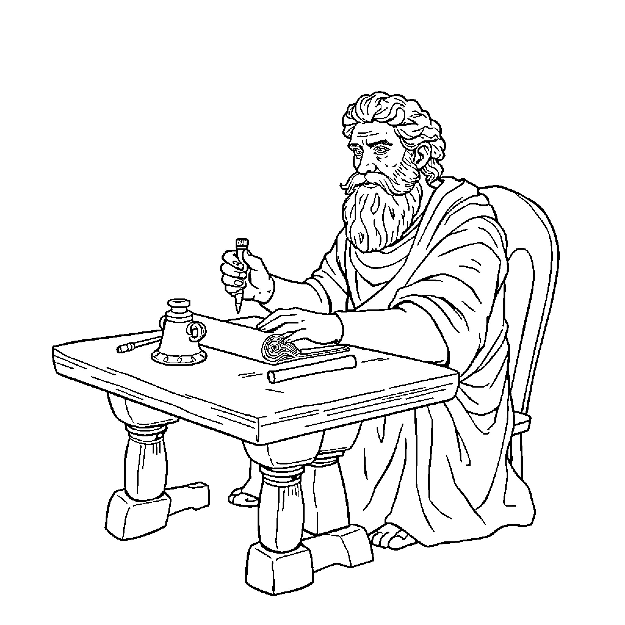 Herodotus Contemplating Historical Accounts and Records Coloring Page (free black-and-white line drawing printable PDF for all, from beginners to advanced learners, including children, teens, adults, and seniors)