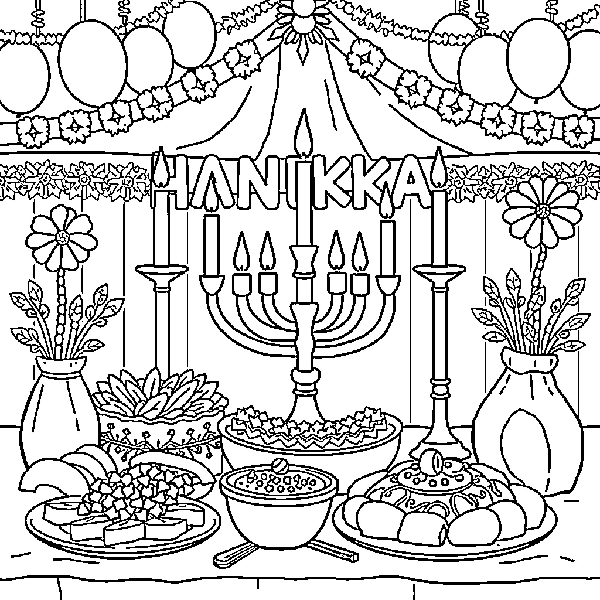 Hanukkah celebration with traditional decorations and food Coloring Page (free black-and-white line drawing printable PDF for all, from beginners to advanced learners, including children, teens, adults, and seniors)