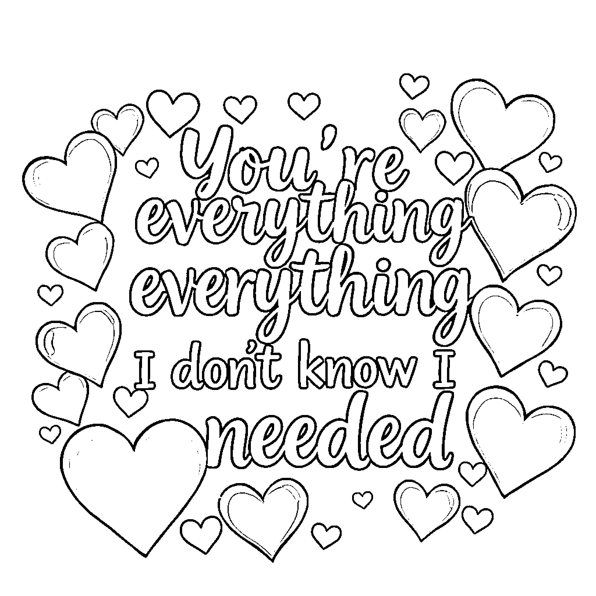 Words expressing love and affection Coloring Page (free black-and-white line drawing printable PDF for all, from beginners to advanced learners, including children, teens, adults, and seniors)