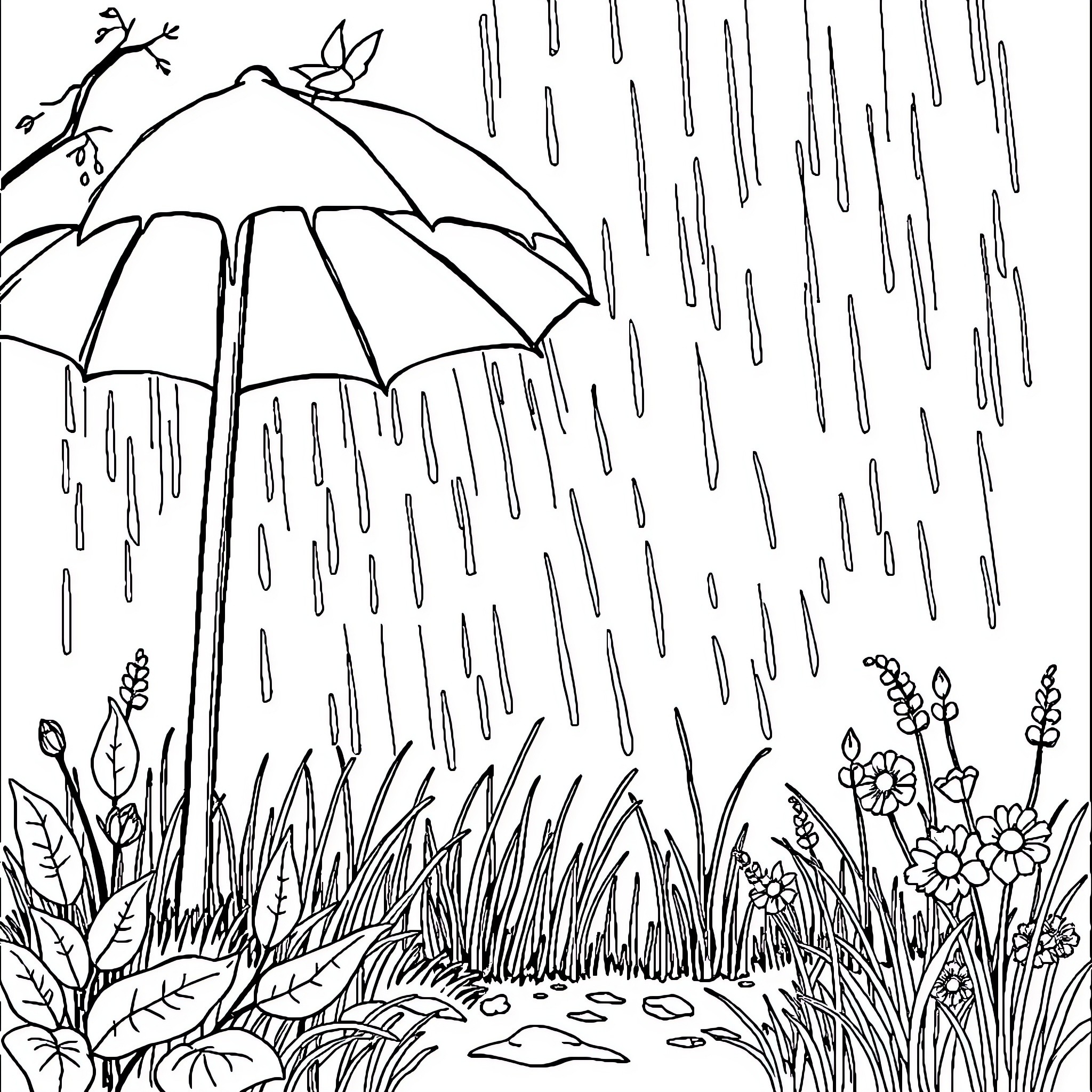 Rain falling on umbrella in meadow Coloring Page (free black-and-white line drawing printable PDF for all, from beginners to advanced learners, including children, teens, adults, and seniors)
