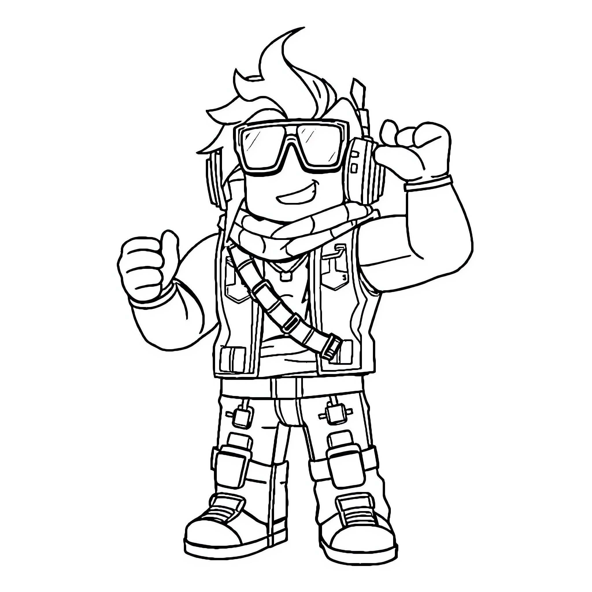 Roblox character in adventurous gear and poses Coloring Page (free black-and-white line drawing printable PDF for all, from beginners to advanced learners, including children, teens, adults, and seniors)