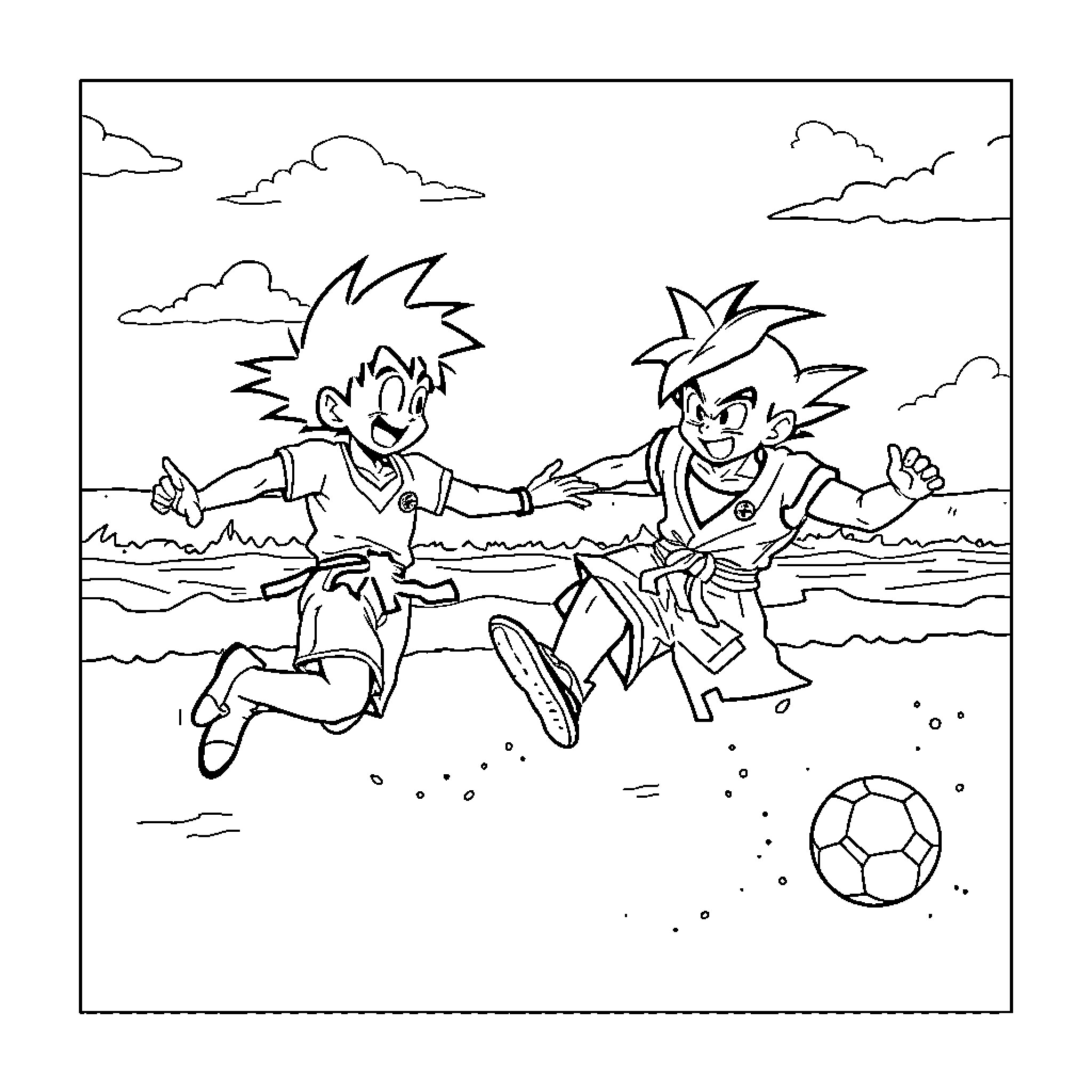 Oliver Atom playing soccer with friends outdoors Coloring Page (free black-and-white line drawing printable PDF for all, from beginners to advanced learners, including children, teens, adults, and seniors)