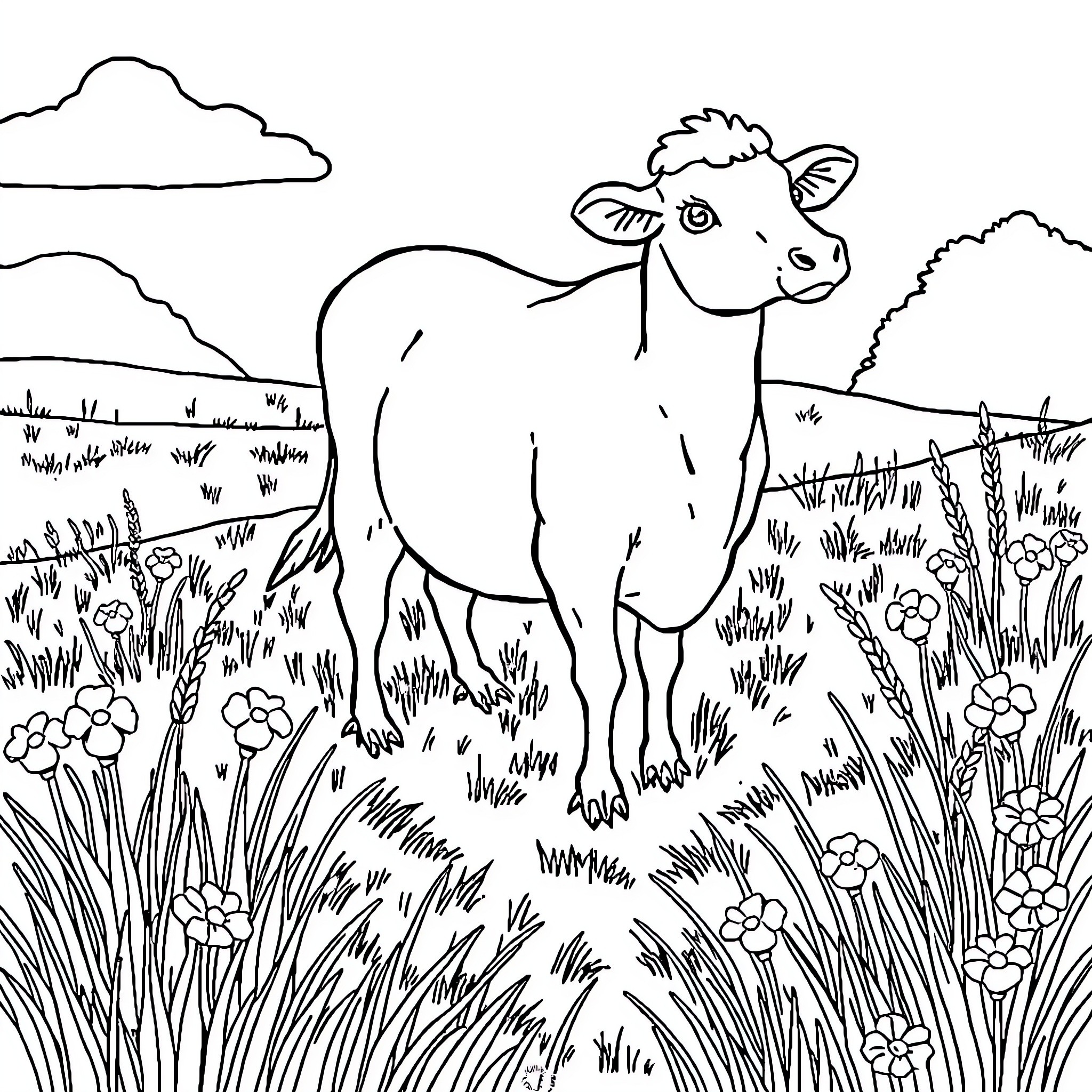 Vache in a Peaceful Meadow Coloring Page (free black-and-white line drawing printable PDF for all, from beginners to advanced learners, including children, teens, adults, and seniors)
