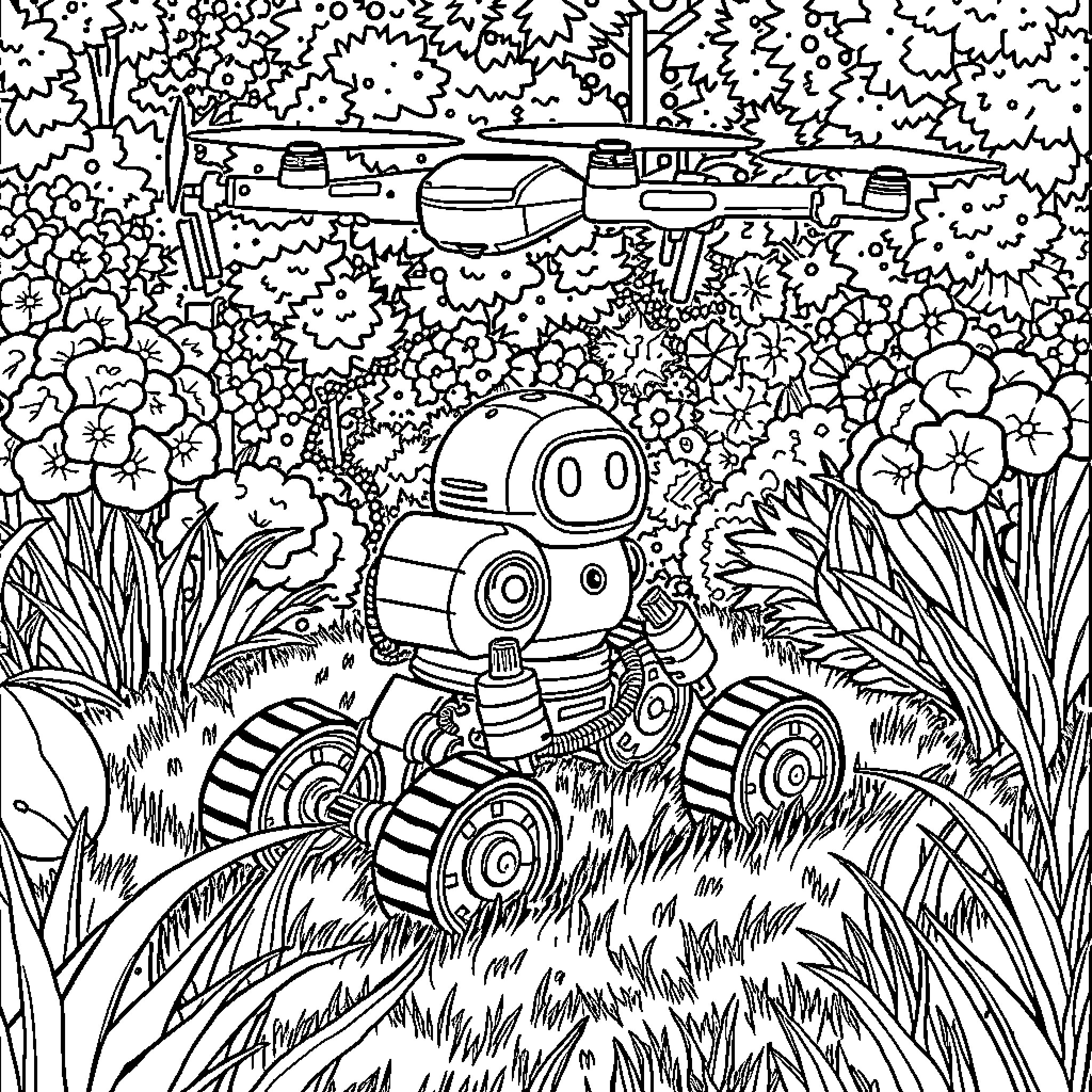 Robot exploring lush garden landscape Coloring Page (free black-and-white line drawing printable PDF for all, from beginners to advanced learners, including children, teens, adults, and seniors)