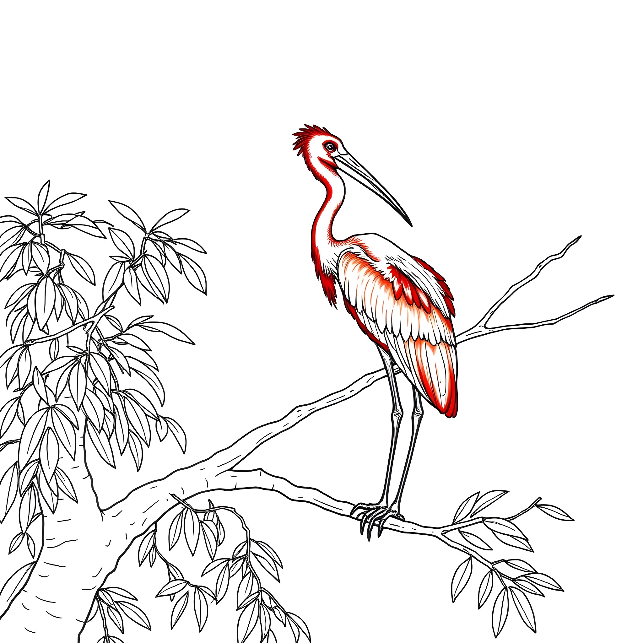 Ibis standing elegantly on a tree branch Coloring Page (free black-and-white line drawing printable PDF for all, from beginners to advanced learners, including children, teens, adults, and seniors)