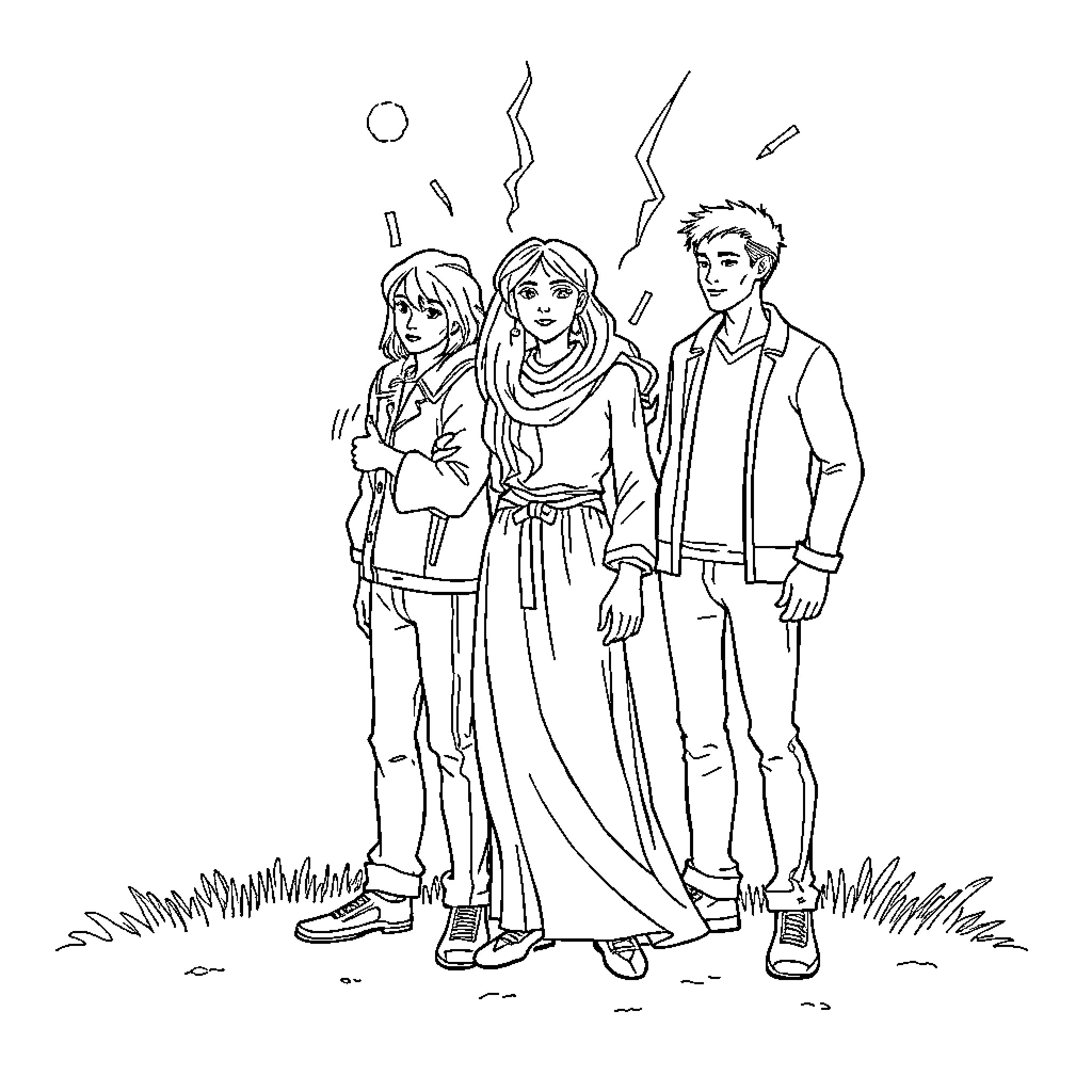 Transformed friends enjoying their adventure Coloring Page (free black-and-white line drawing printable PDF for all, from beginners to advanced learners, including children, teens, adults, and seniors)