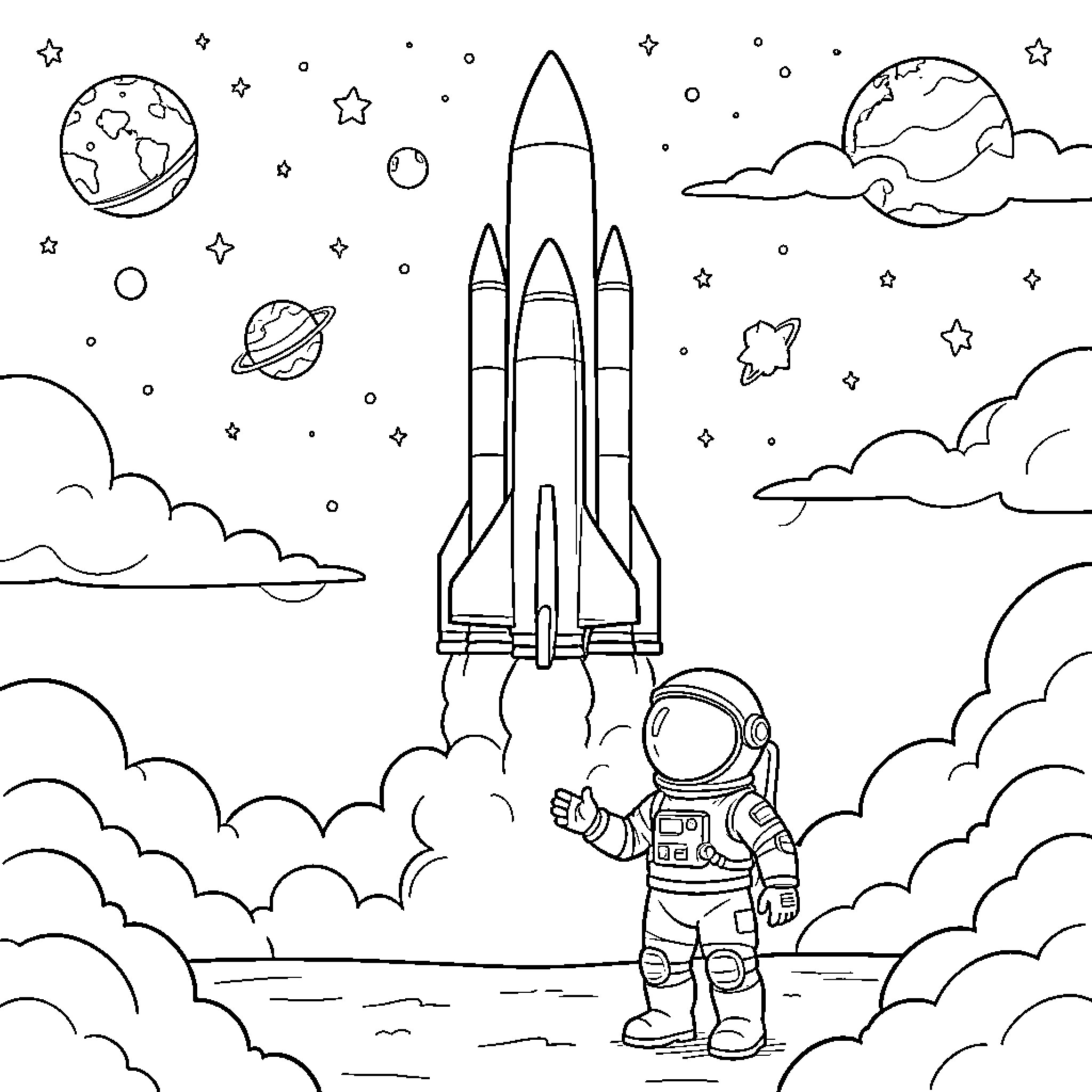 Zuma observing a rocket launching into outer space Coloring Page (free black-and-white line drawing printable PDF for all, from beginners to advanced learners, including children, teens, adults, and seniors)