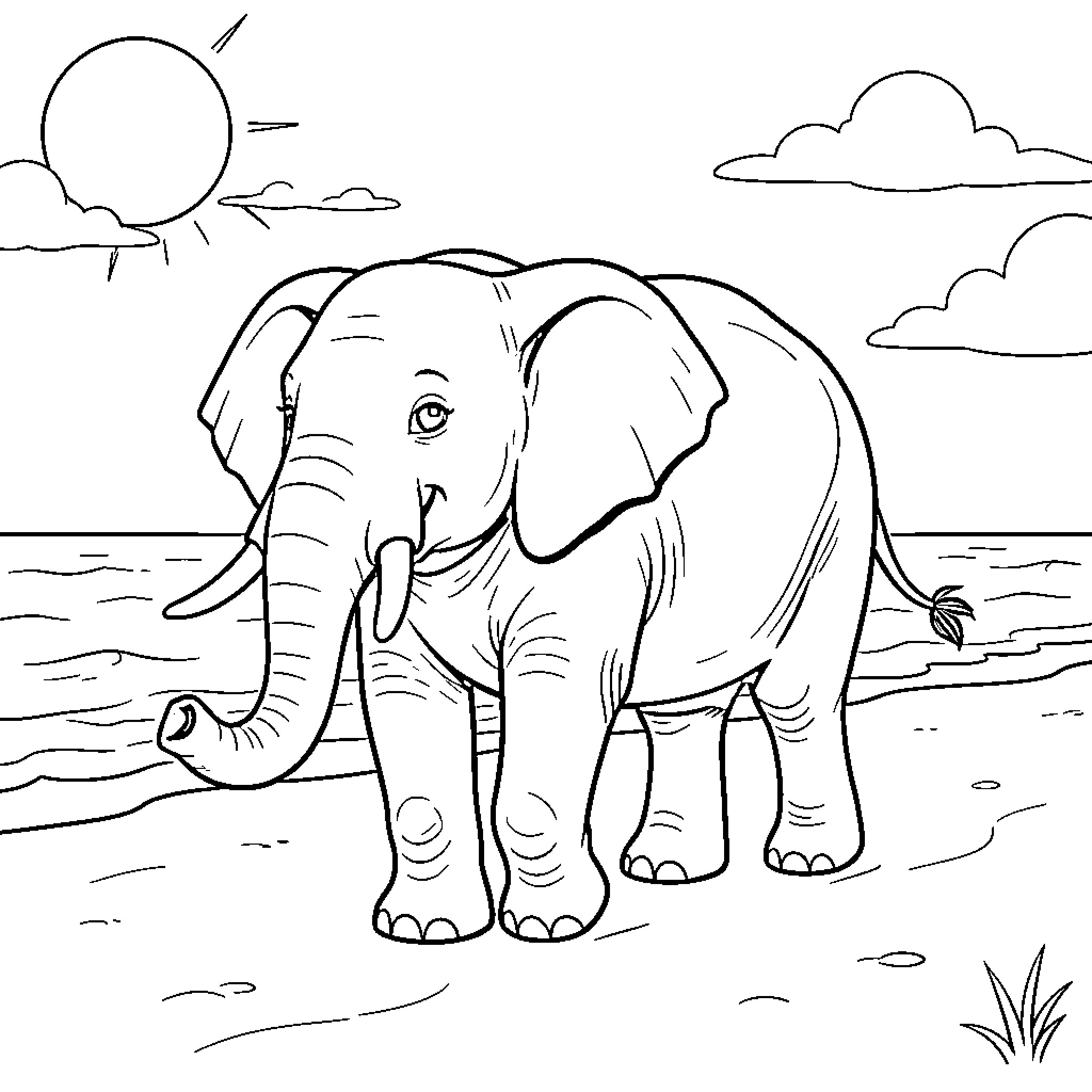 Elephant walking peacefully on the beach Coloring Page (free black-and-white line drawing printable PDF for all, from beginners to advanced learners, including children, teens, adults, and seniors)