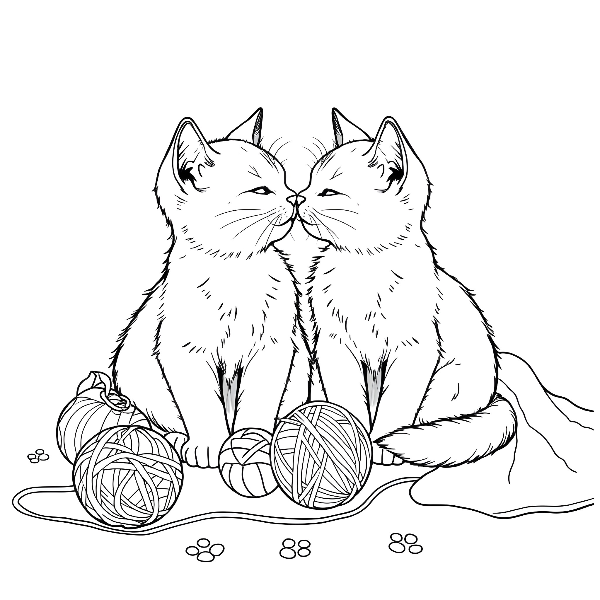 Cat Playing With Yarn Balls Coloring Page (free black-and-white line drawing printable PDF for all, from beginners to advanced learners, including children, teens, adults, and seniors)