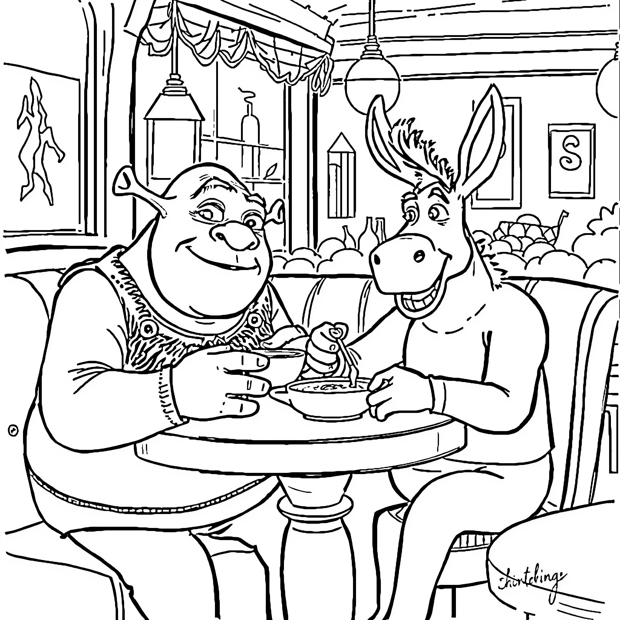 Shrek and Donkey enjoying a meal together Coloring Page (free black-and-white line drawing printable PDF for all, from beginners to advanced learners, including children, teens, adults, and seniors)