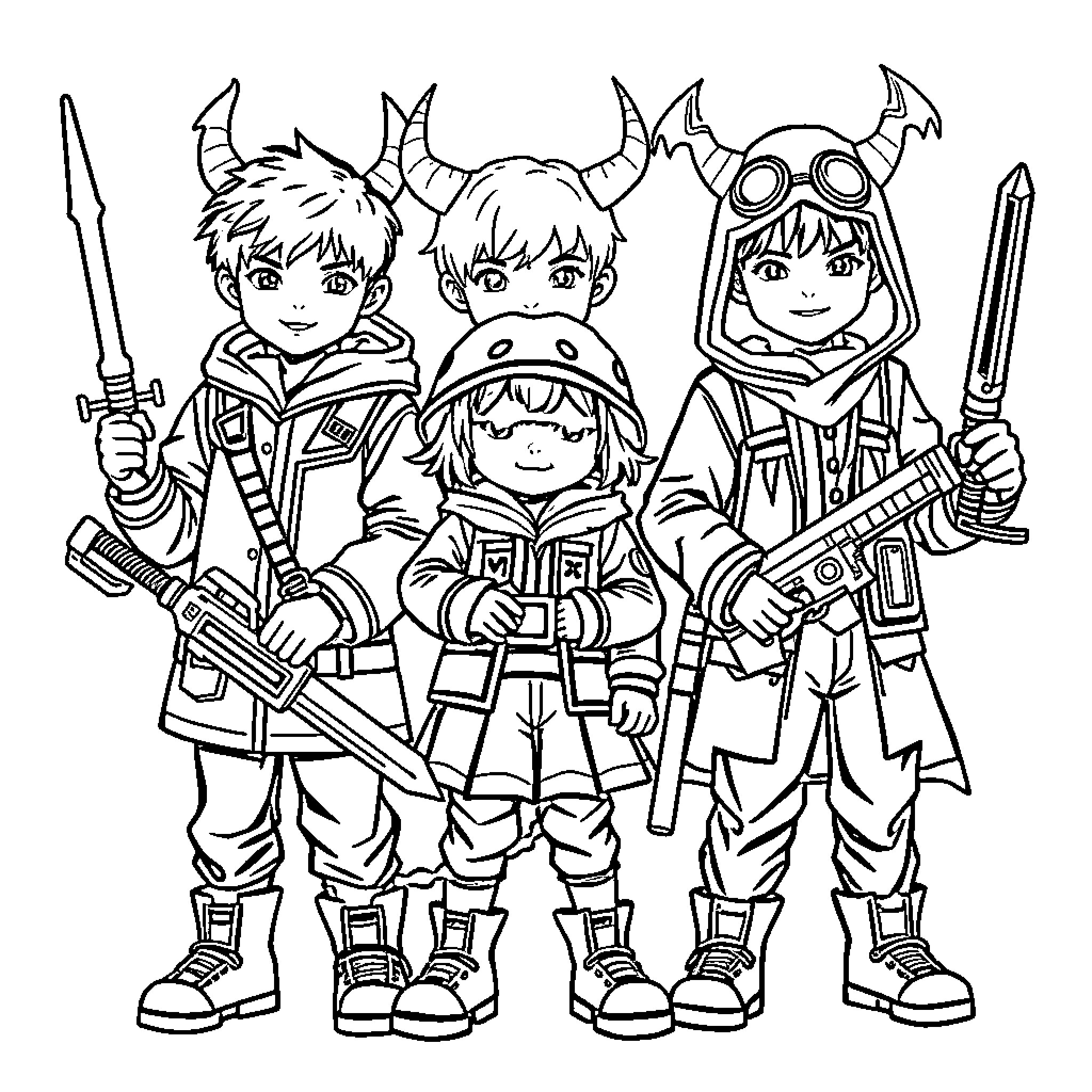 Demon Hunters in Action-Packed Adventure Coloring Page (free black-and-white line drawing printable PDF for all, from beginners to advanced learners, including children, teens, adults, and seniors)