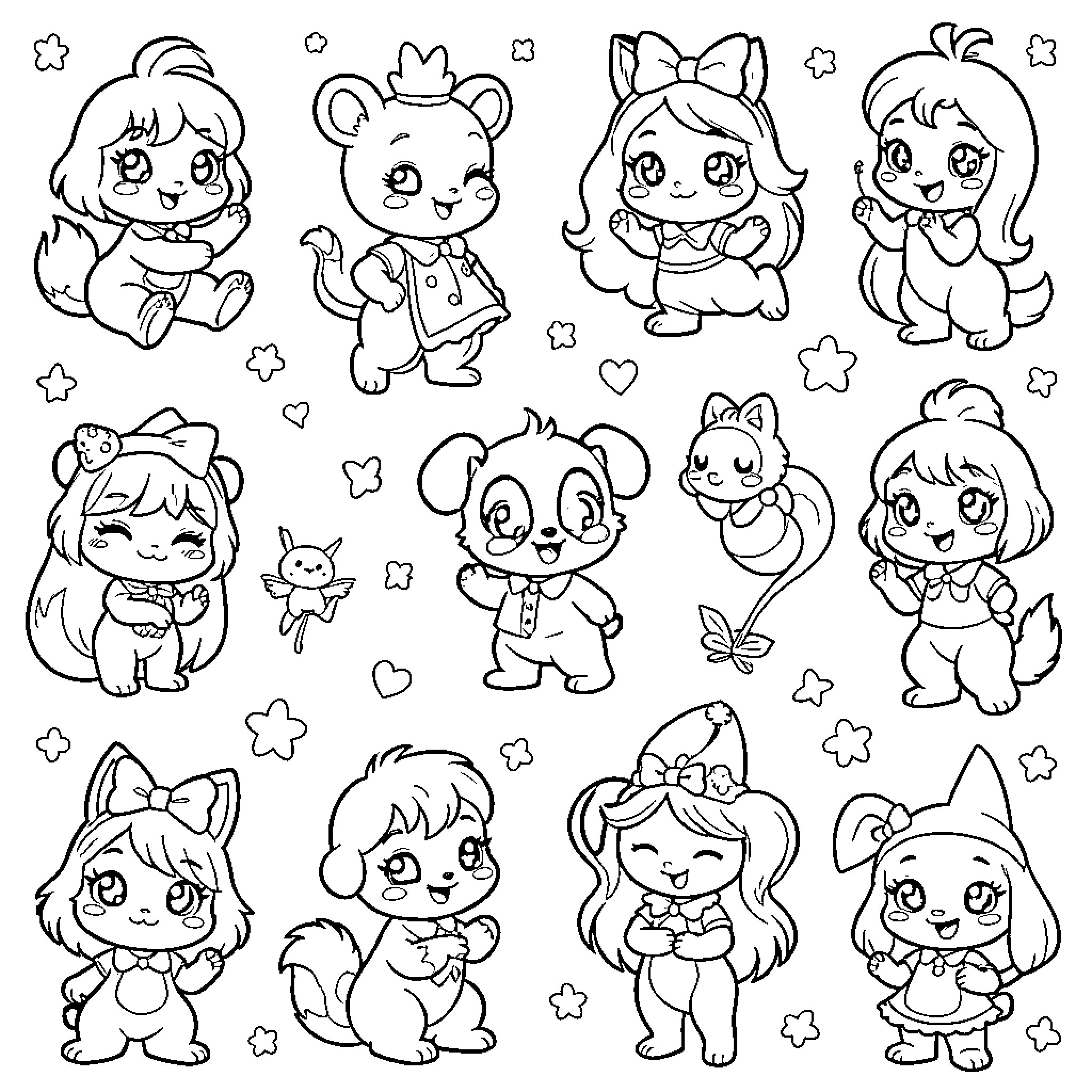 Disney Characters in Cute Cartoon Styles Coloring Page (free black-and-white line drawing printable PDF for all, from beginners to advanced learners, including children, teens, adults, and seniors)