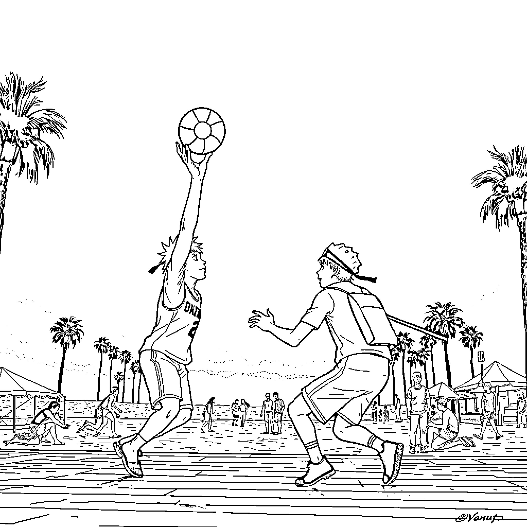Naruto characters playing volleyball on the beach Coloring Page (free black-and-white line drawing printable PDF for all, from beginners to advanced learners, including children, teens, adults, and seniors)