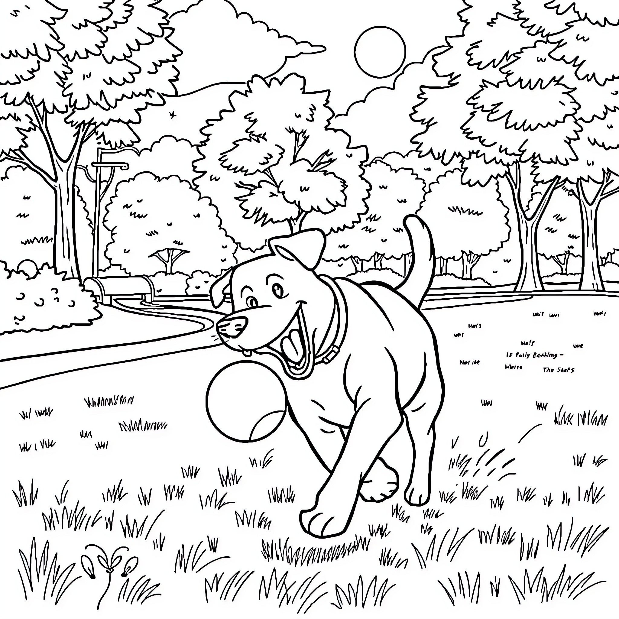 Dog exploring the lush forest landscape Coloring Page (free black-and-white line drawing printable PDF for all, from beginners to advanced learners, including children, teens, adults, and seniors)