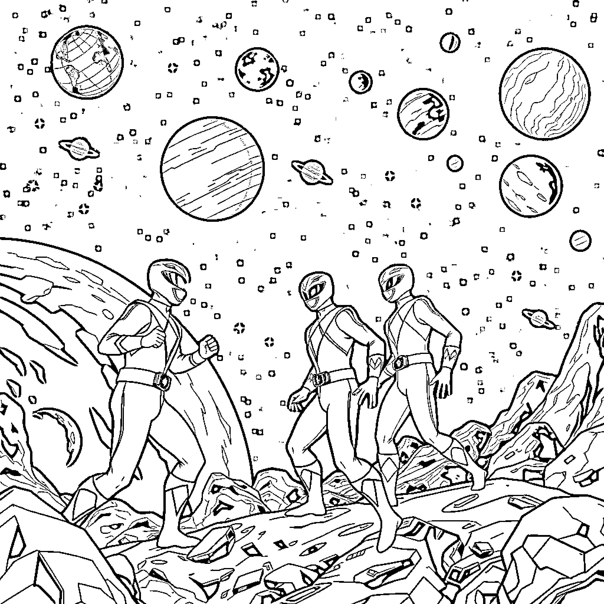 Power Rangers Explore Cosmic Wonders Coloring Page (free black-and-white line drawing printable PDF for all, from beginners to advanced learners, including children, teens, adults, and seniors)
