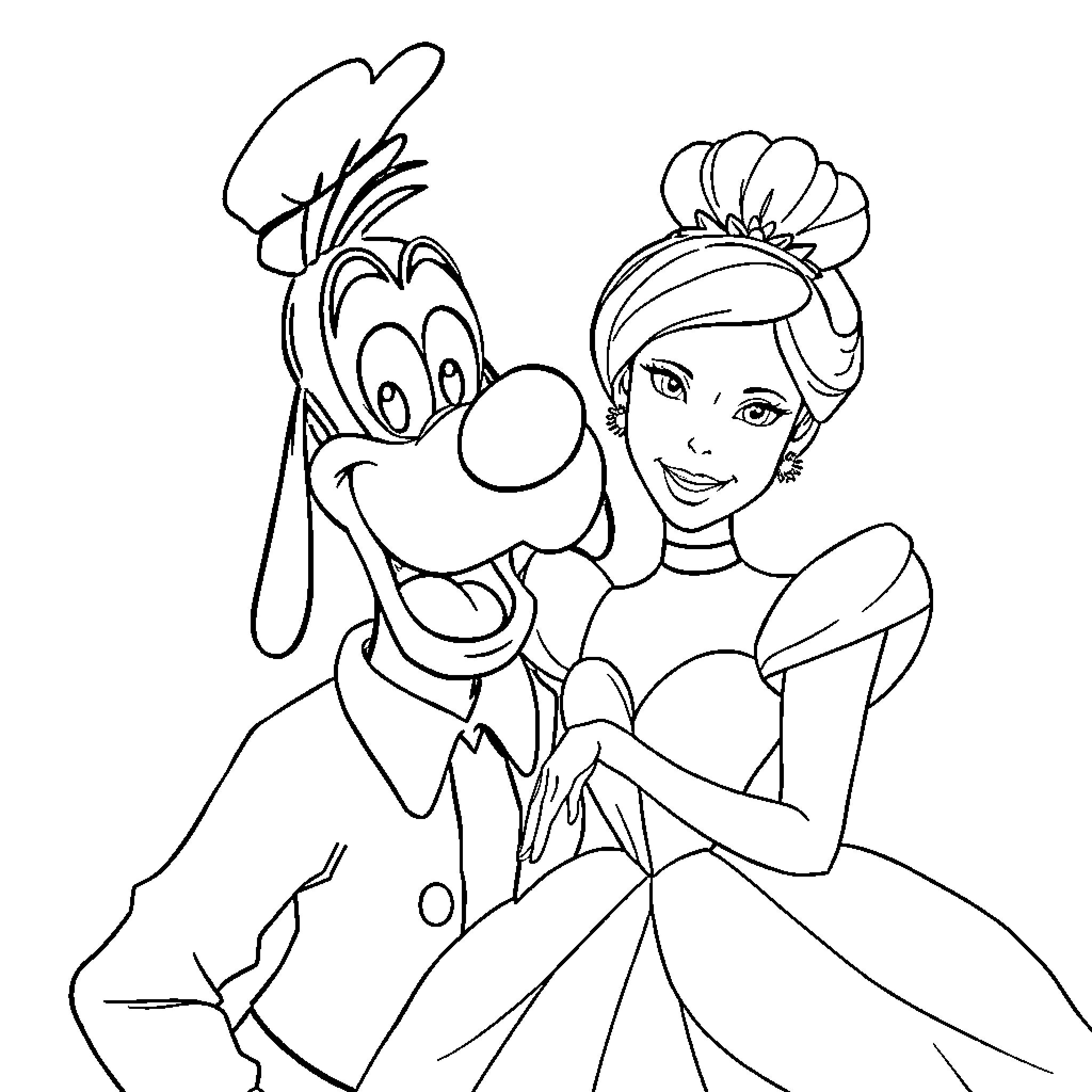 Goofy cartoon characters in formal attire Coloring Page (free black-and-white line drawing printable PDF for all, from beginners to advanced learners, including children, teens, adults, and seniors)
