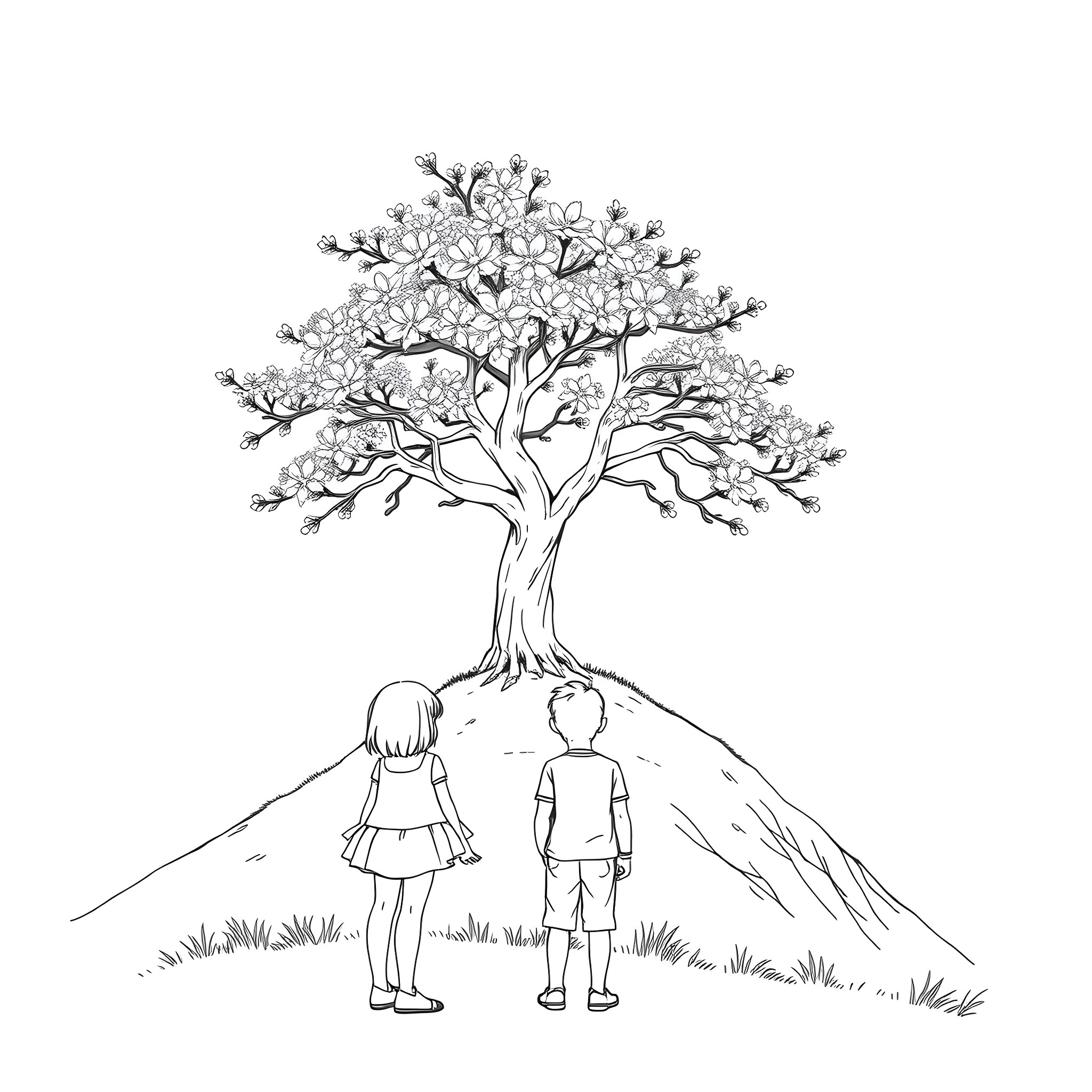 Girl and Boy standing under a blossoming tree Coloring Page (free black-and-white line drawing printable PDF for all, from beginners to advanced learners, including children, teens, adults, and seniors)